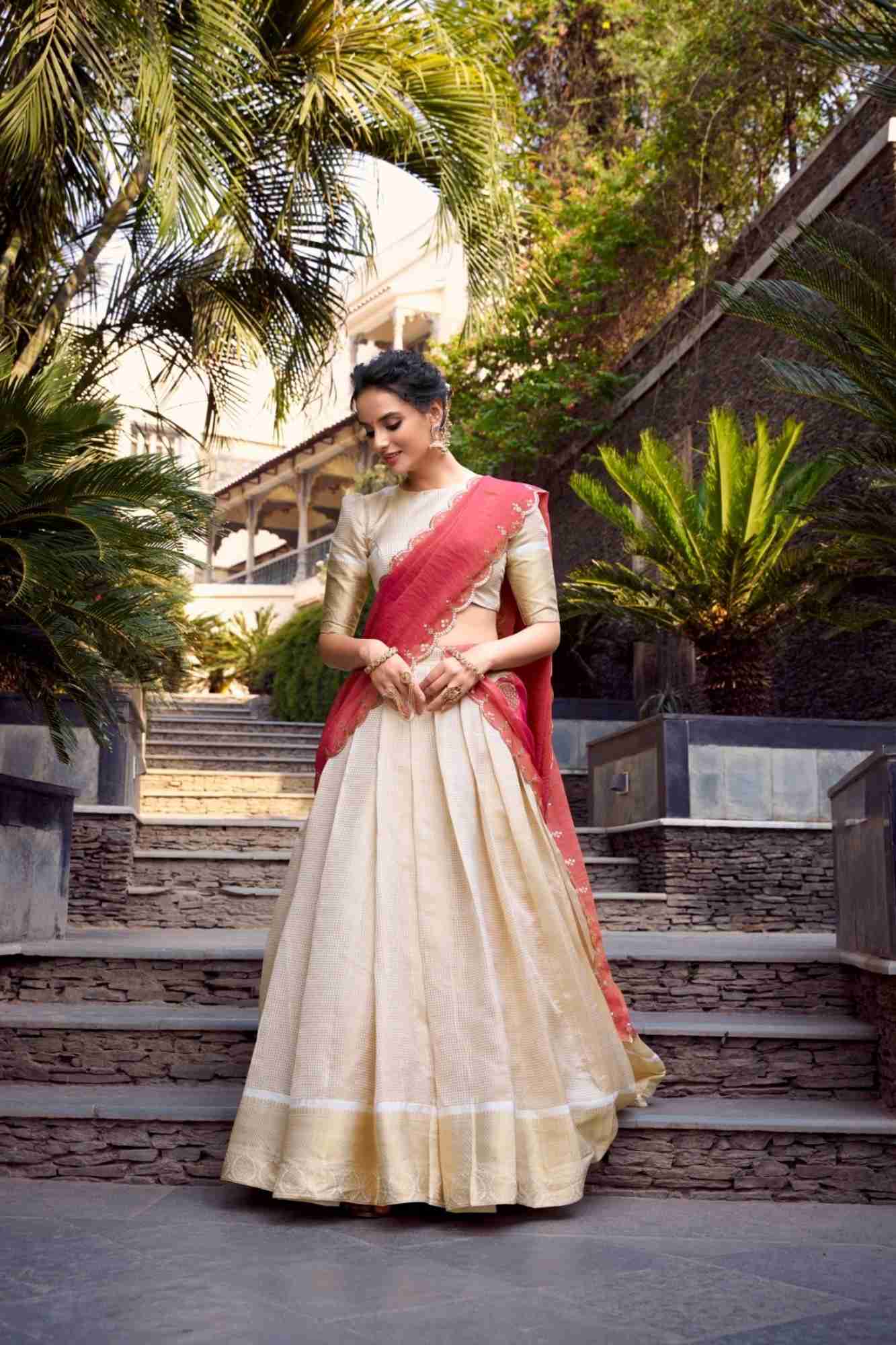 Ivory Gold Zari Lehenga Set with Coral-Pink Sequin Embroidered Dupatta
