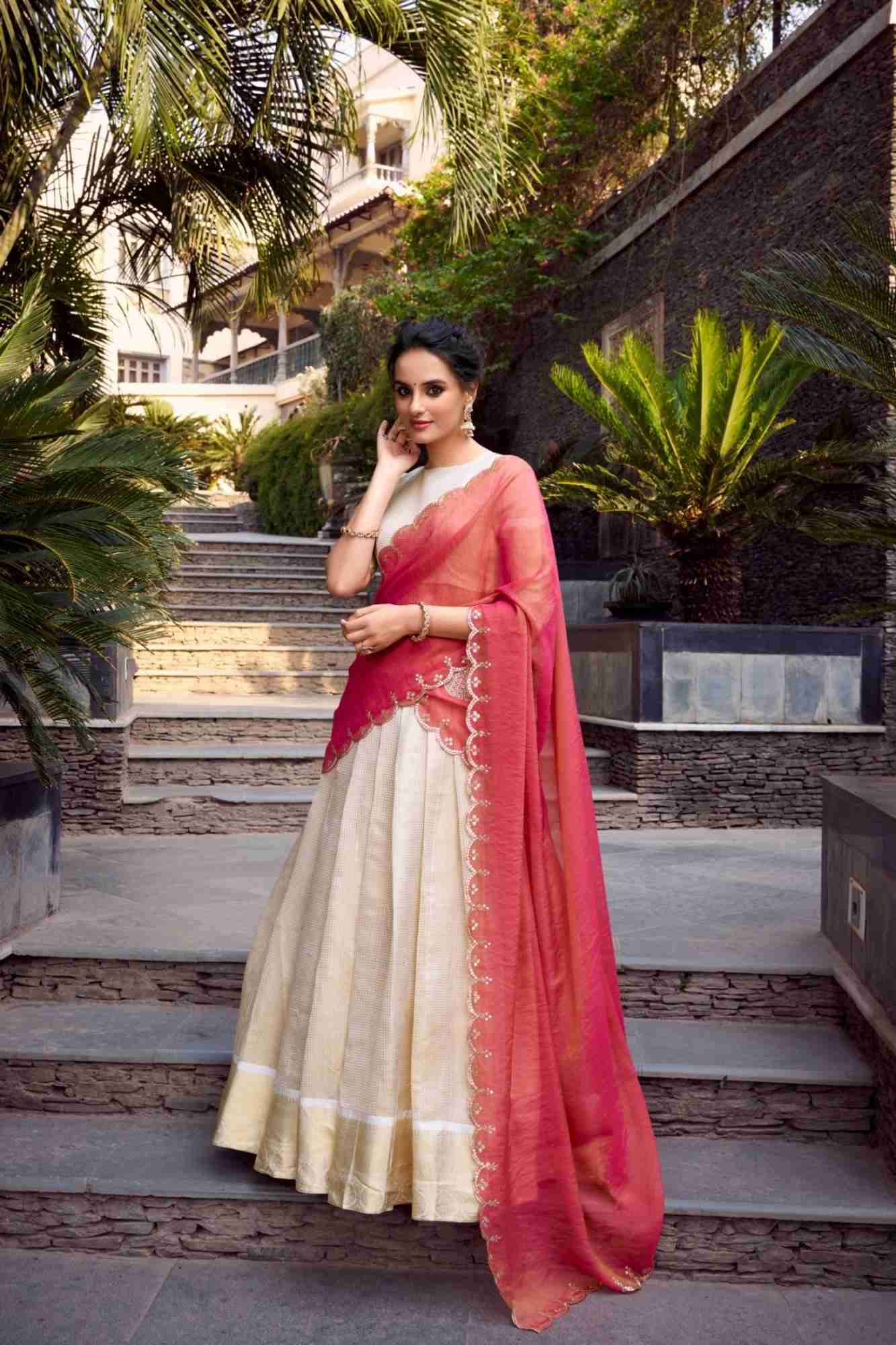 Ivory Gold Zari Lehenga Set with Coral-Pink Sequin Embroidered Dupatta
