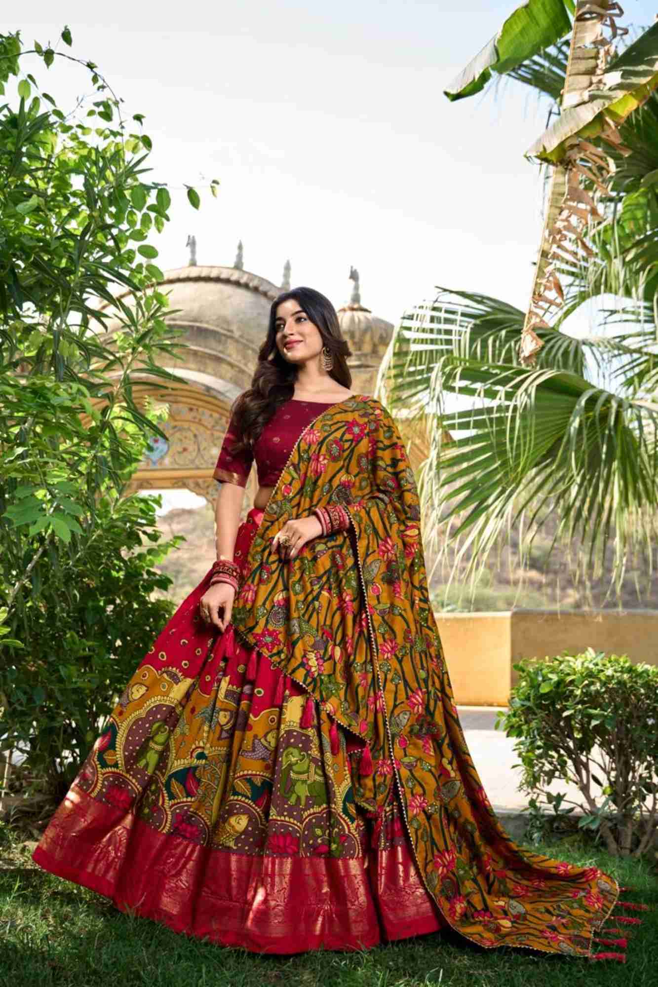 Kalamkari Print Tussar Silk Lehenga Set with Foil Detailing & Gotta Patti Dupatta