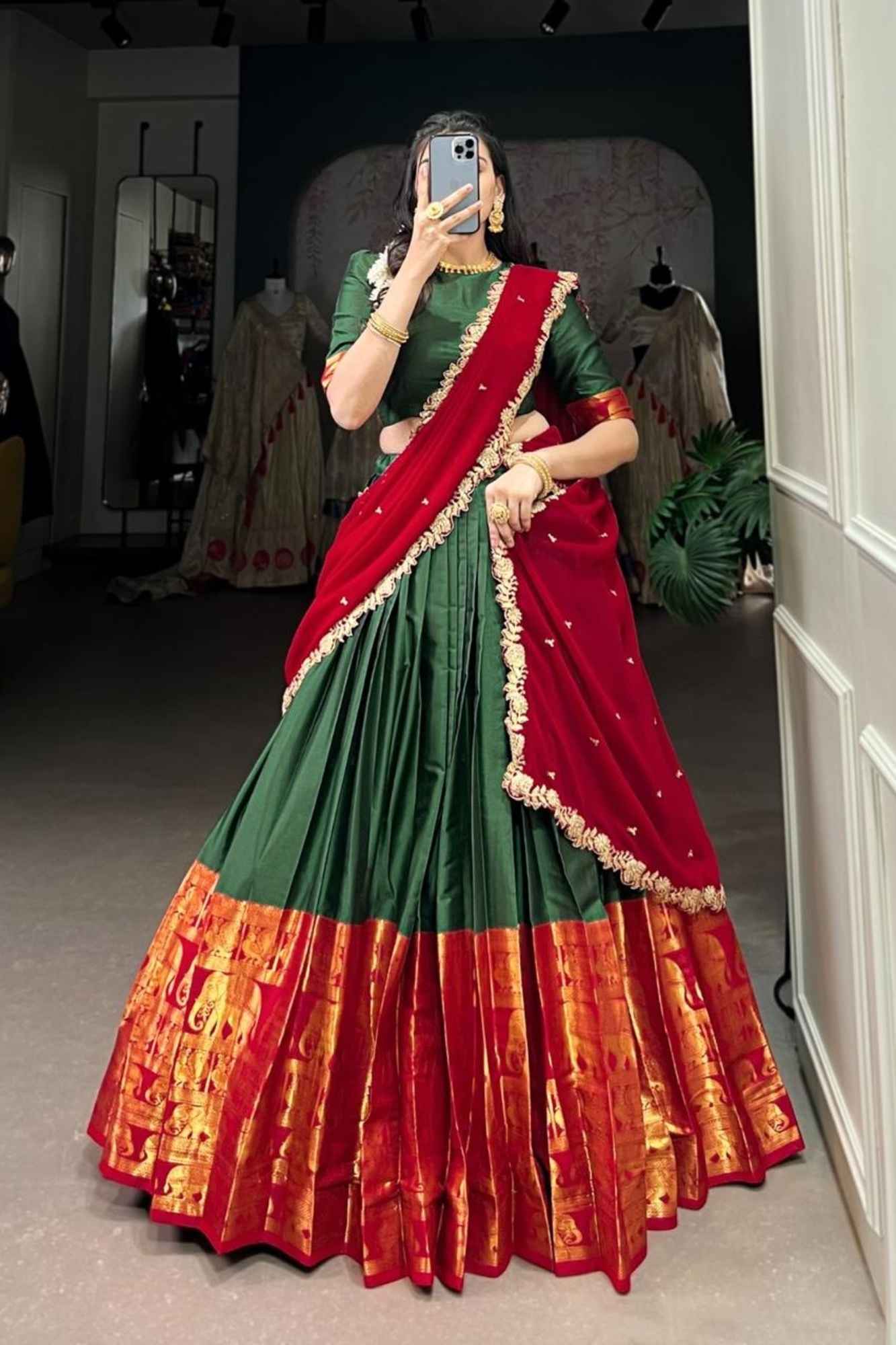 Regal South Silhouette: Emerald Narayan Pattu Lehenga with Temple Zari & Crimson Drape