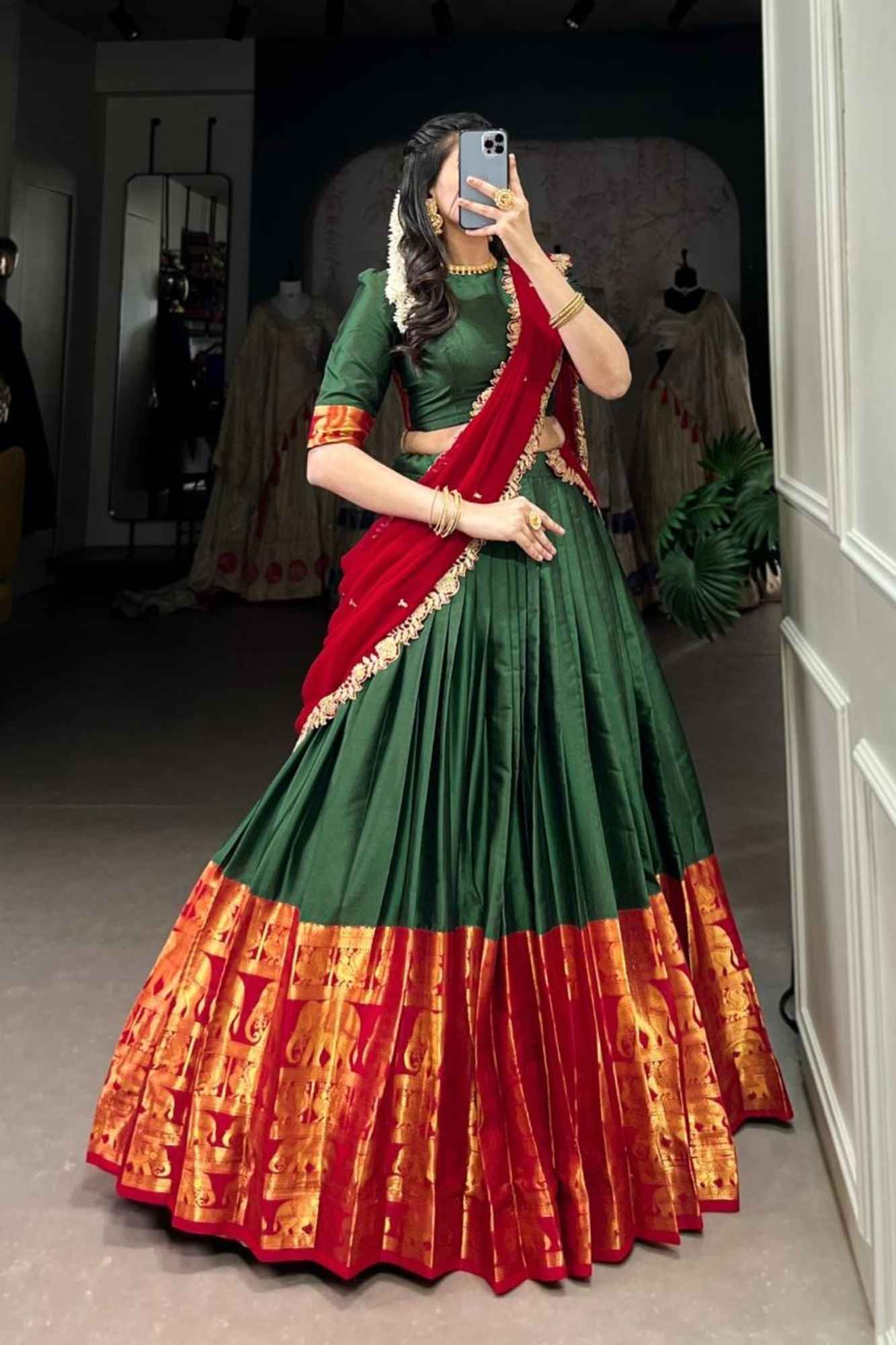 Regal South Silhouette: Emerald Narayan Pattu Lehenga with Temple Zari & Crimson Drape