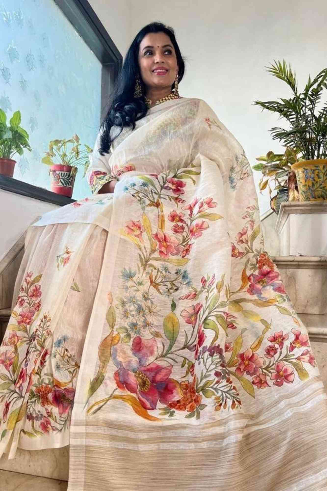 Linen with Watercolor Floral Print Ready To Wear Saree