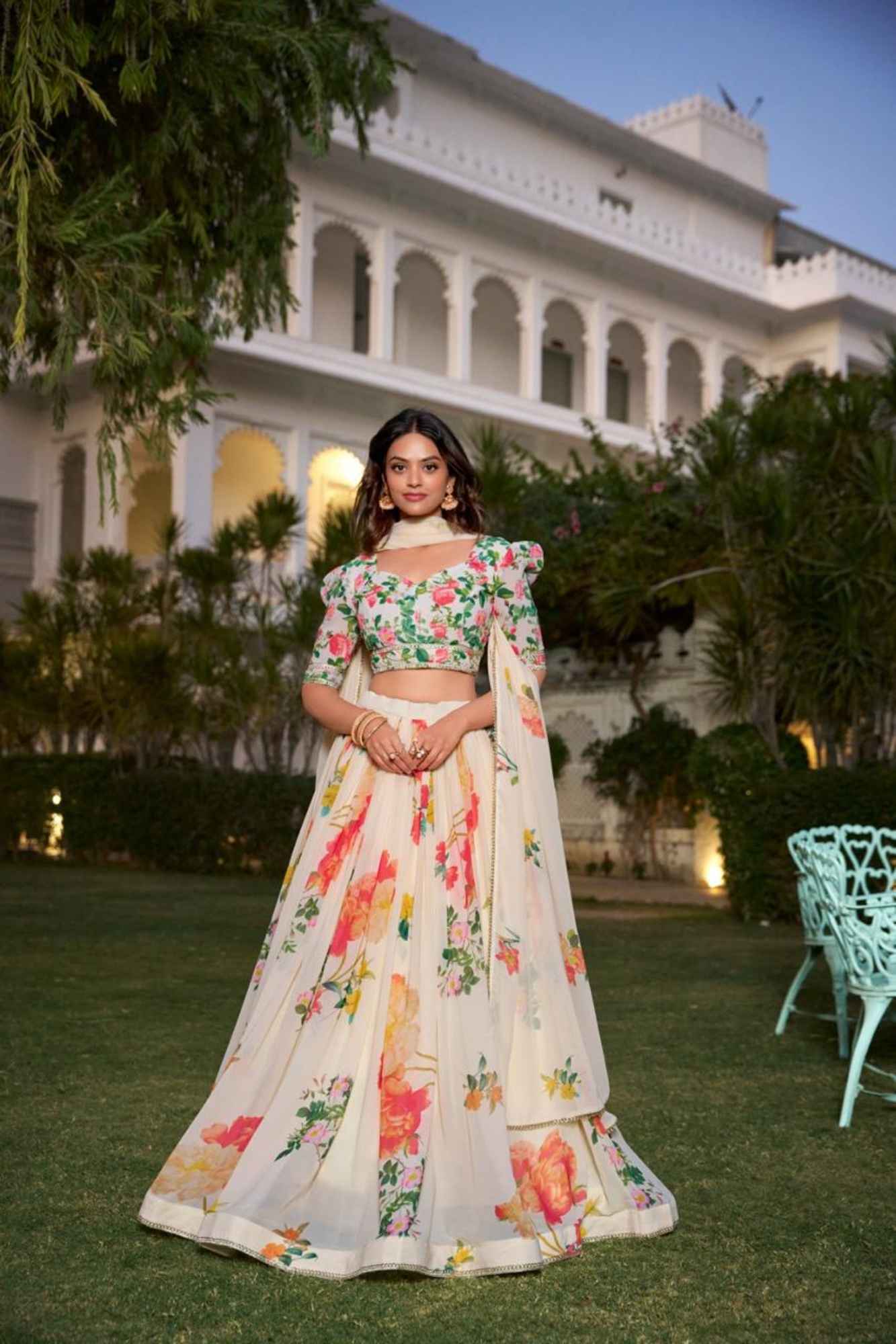 Ivory Garden Bloom: Floral Printed Georgette Lehenga Set
