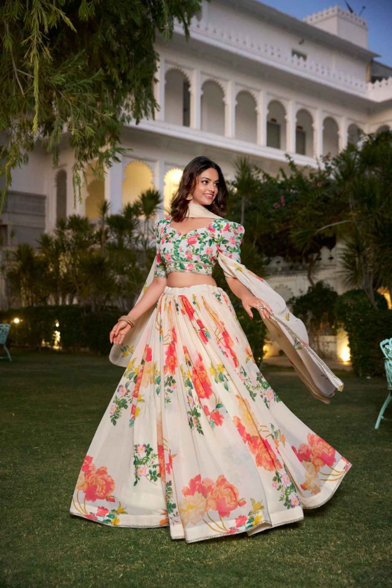 Ivory Garden Bloom: Floral Printed Georgette Lehenga Set