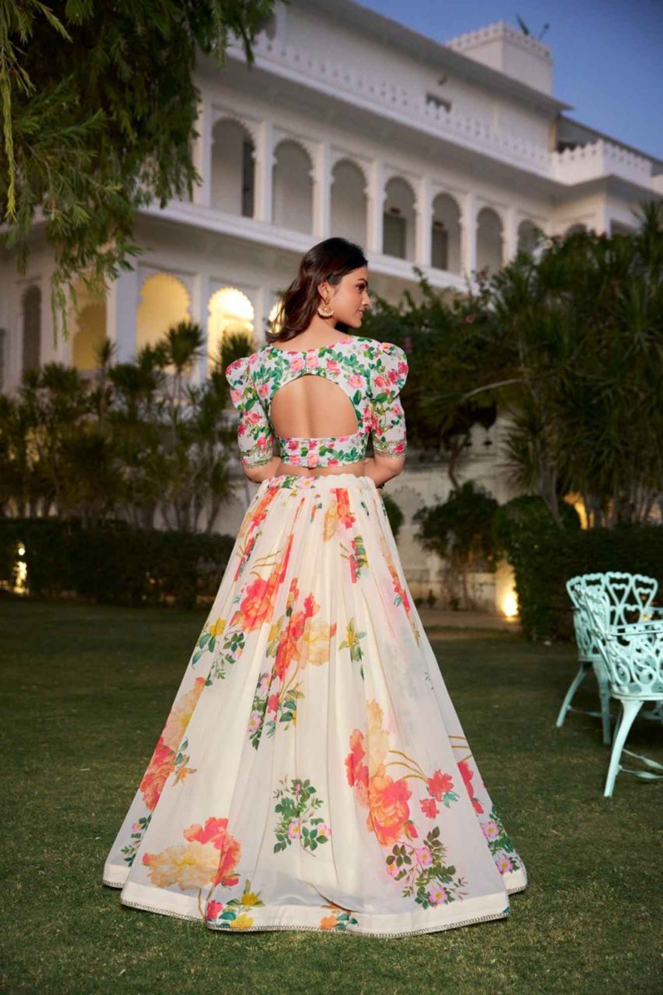 Ivory Garden Bloom: Floral Printed Georgette Lehenga Set
