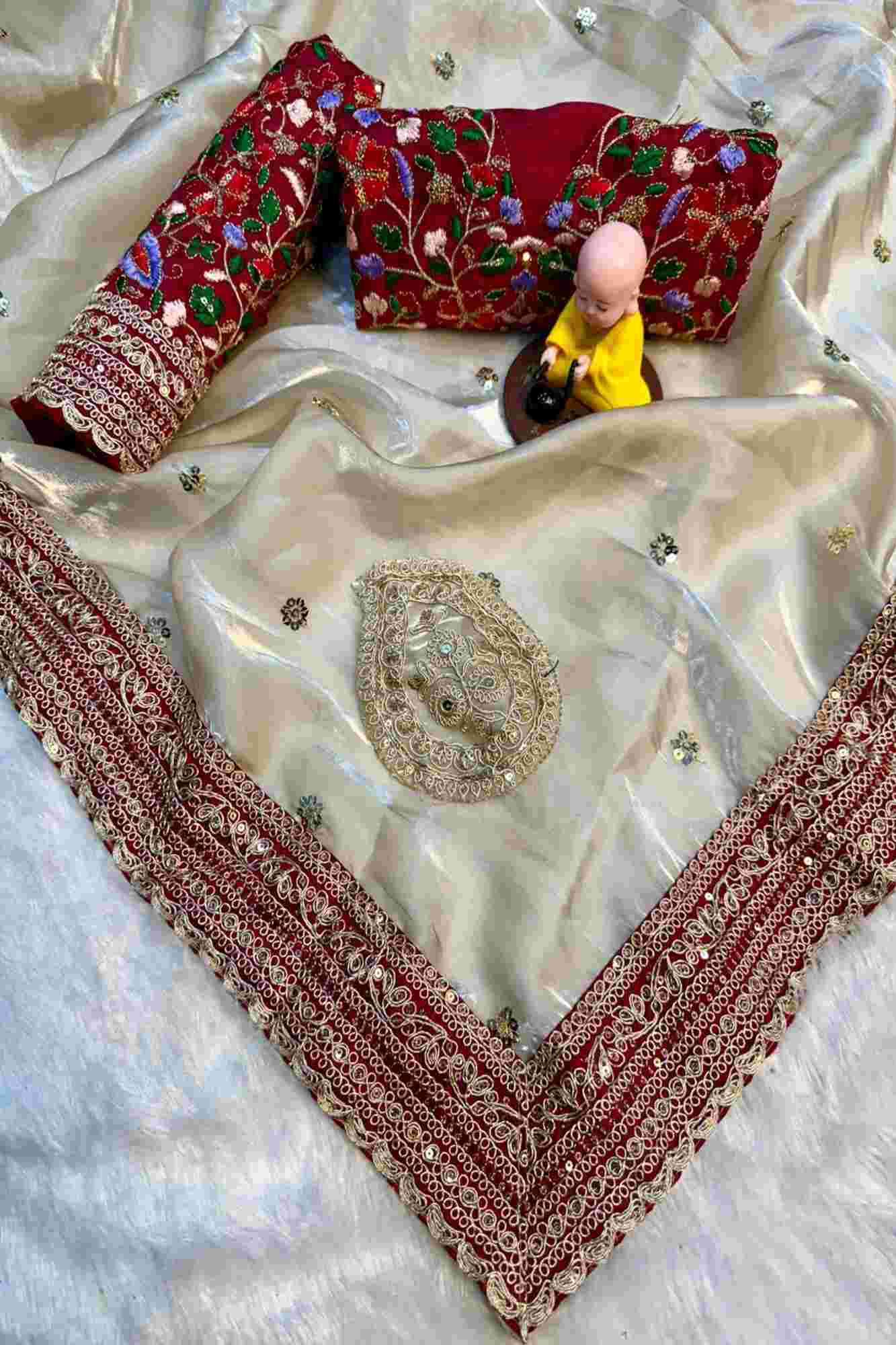 Jimi Chu Fabric with Embroidery Lace Border & Sequin Butti Work Ready To Wear Saree