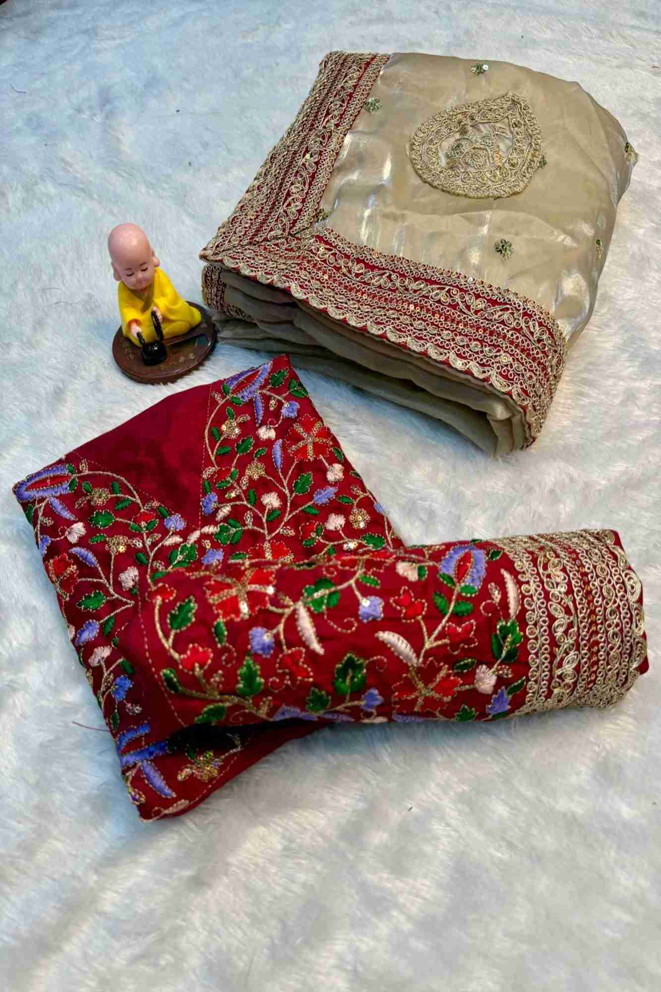 Jimi Chu Fabric with Embroidery Lace Border & Sequin Butti Work Ready To Wear Saree