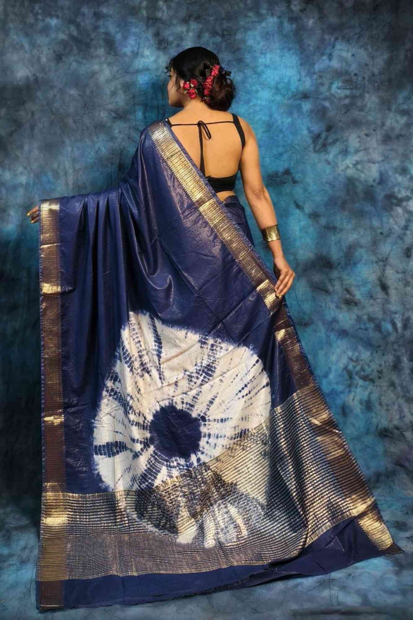 Blue Maheshwari Silk with Bandhani Pattern & Zari Border Ready To Wear Saree