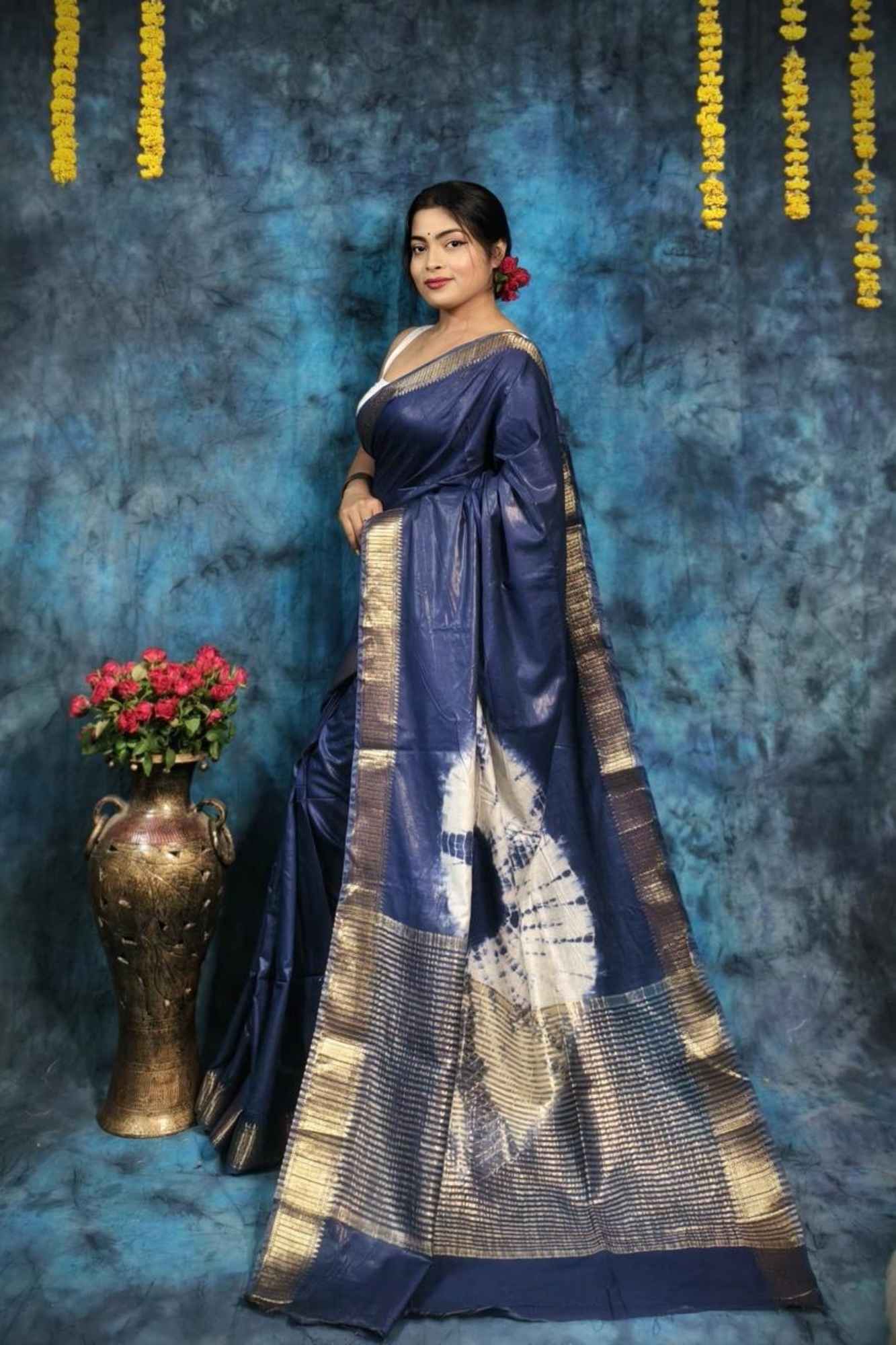 Blue Maheshwari Silk with Bandhani Pattern & Zari Border Ready To Wear Saree