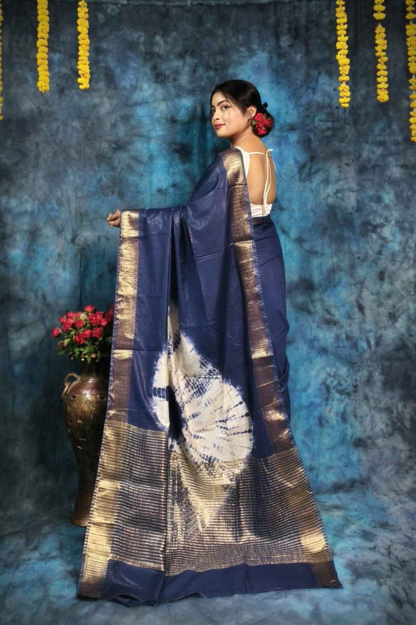 Blue Maheshwari Silk with Bandhani Pattern & Zari Border Ready To Wear Saree
