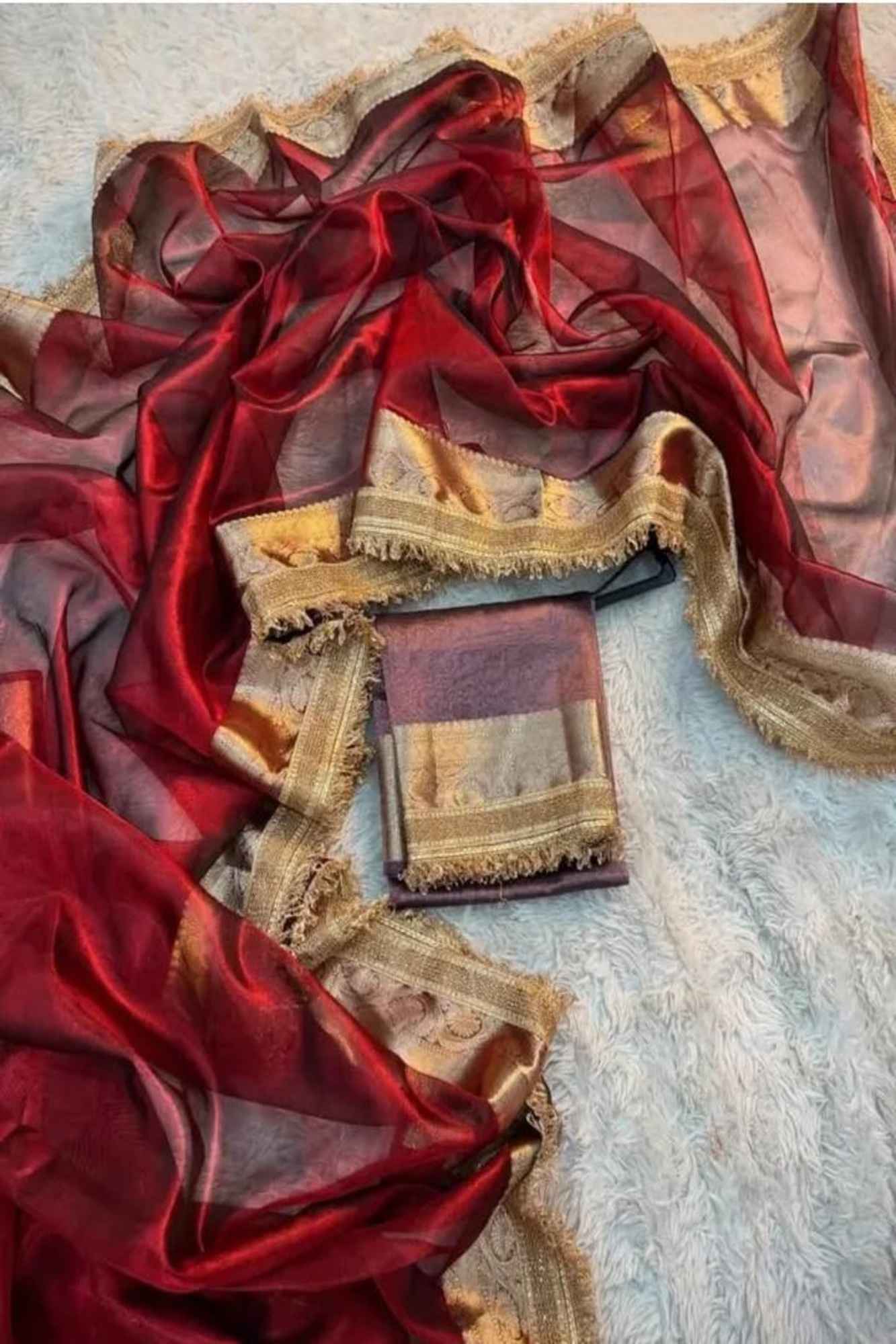 Red Tissue Silk with Golden Zari Weave & Ornate Border Ready To Wear Saree