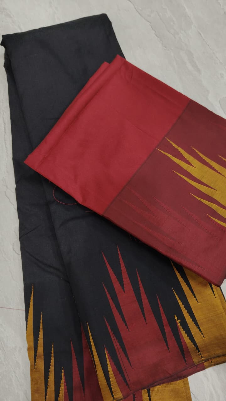 Two tone, Two side Temple Border on black Art Silk Saree | Shobitam