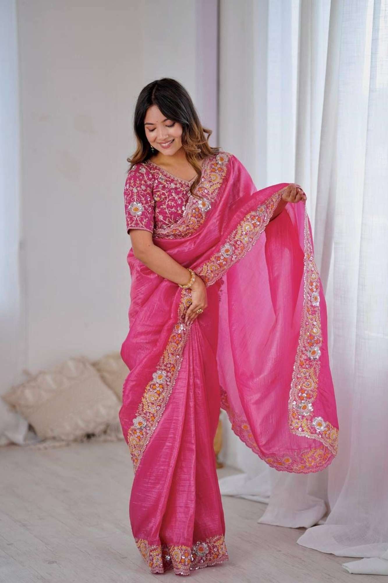 Crush Silk with Floral Maggam & Sequins Work Ready To Wear Saree