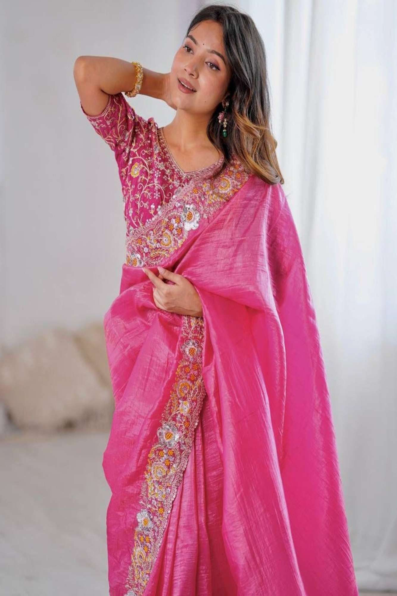 Crush Silk with Floral Maggam & Sequins Work Ready To Wear Saree