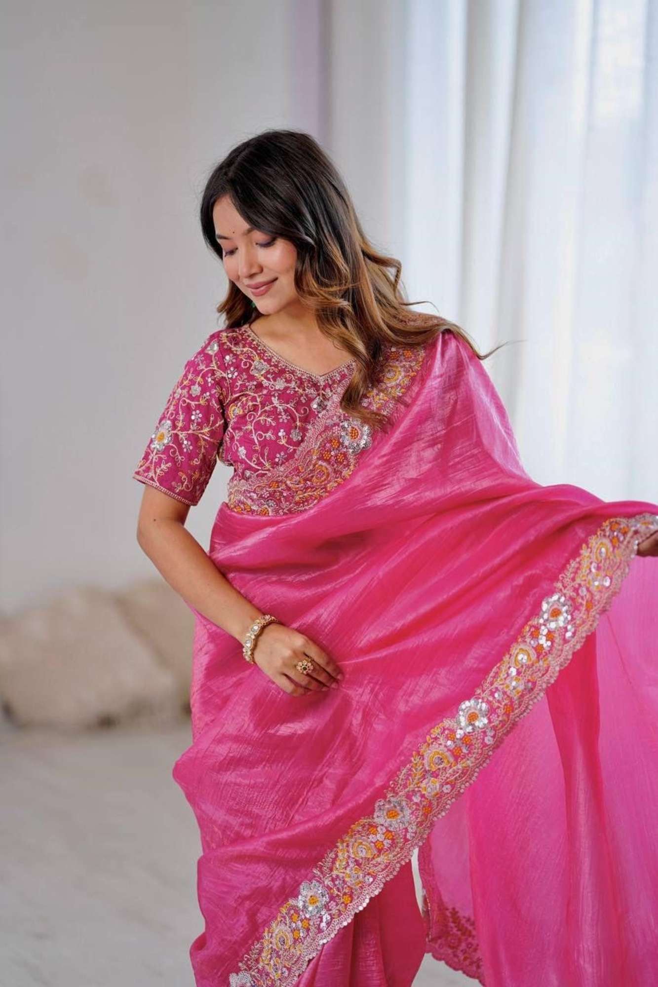 Crush Silk with Floral Maggam & Sequins Work Ready To Wear Saree