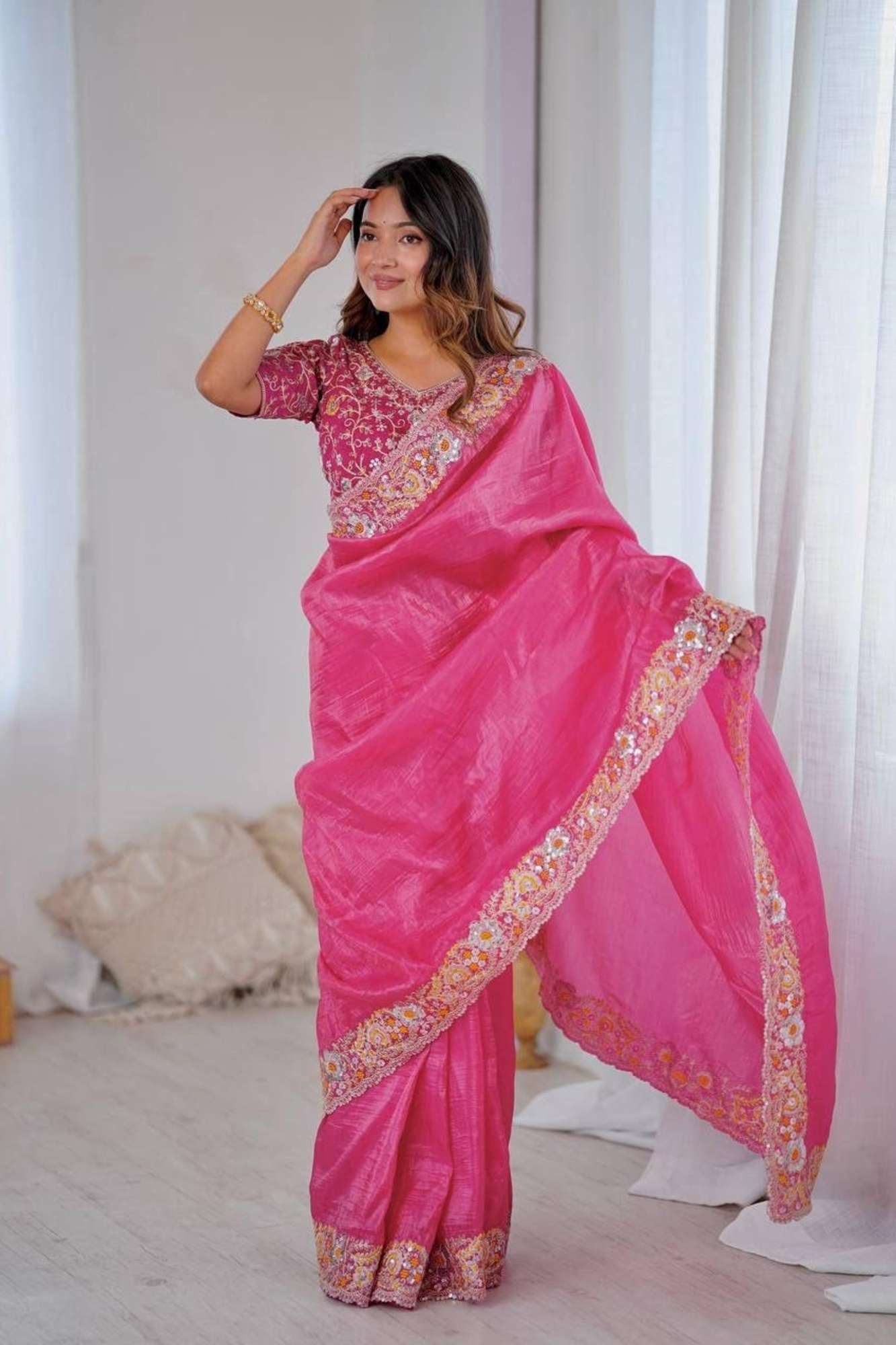 Crush Silk with Floral Maggam & Sequins Work Ready To Wear Saree