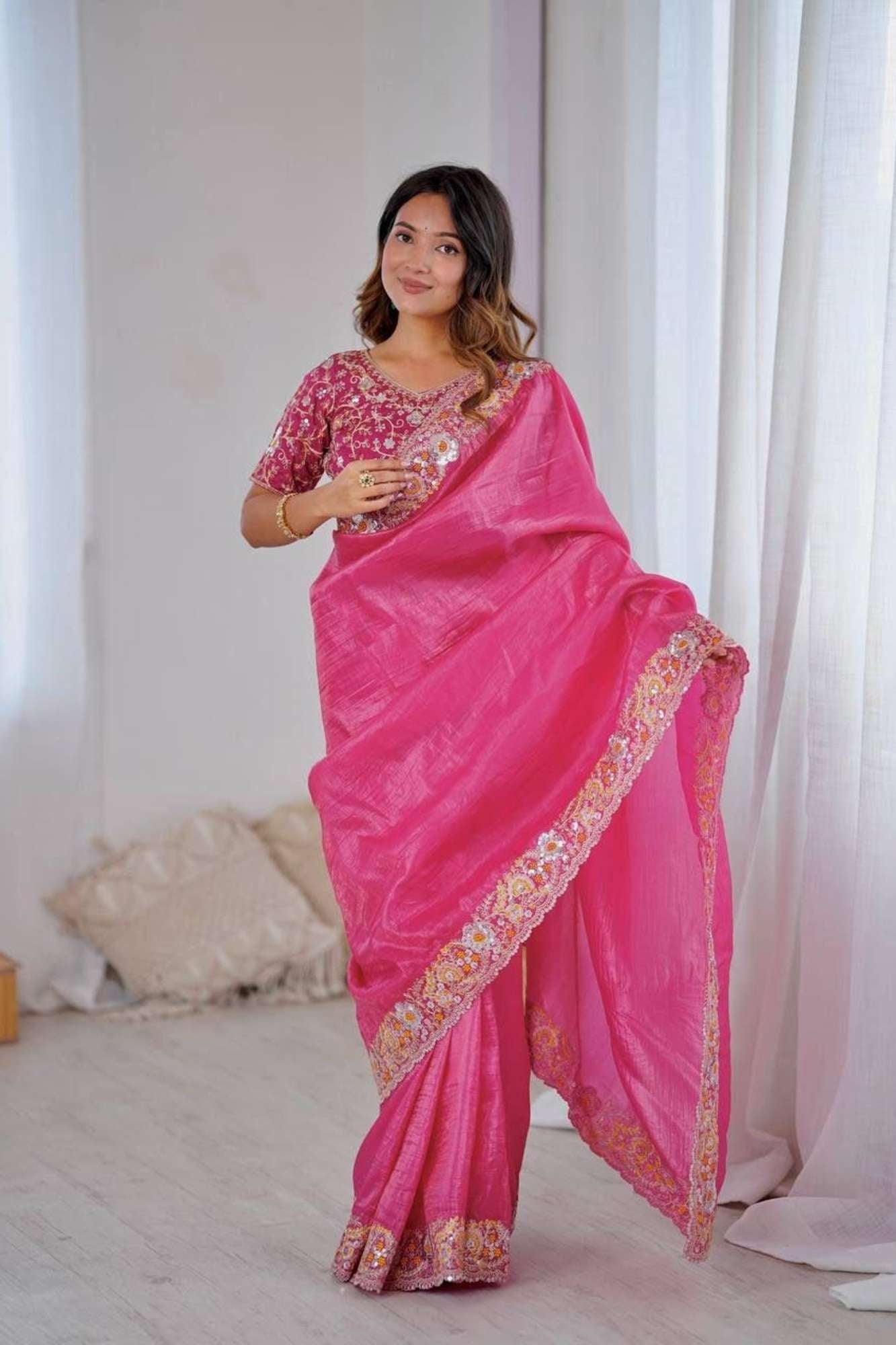 Crush Silk with Floral Maggam & Sequins Work Ready To Wear Saree