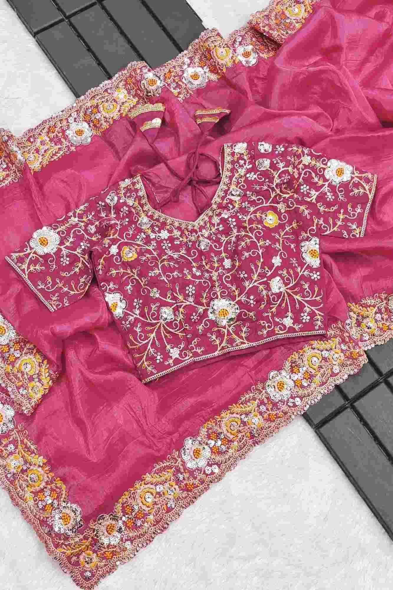 Crush Silk with Floral Maggam & Sequins Work Ready To Wear Saree