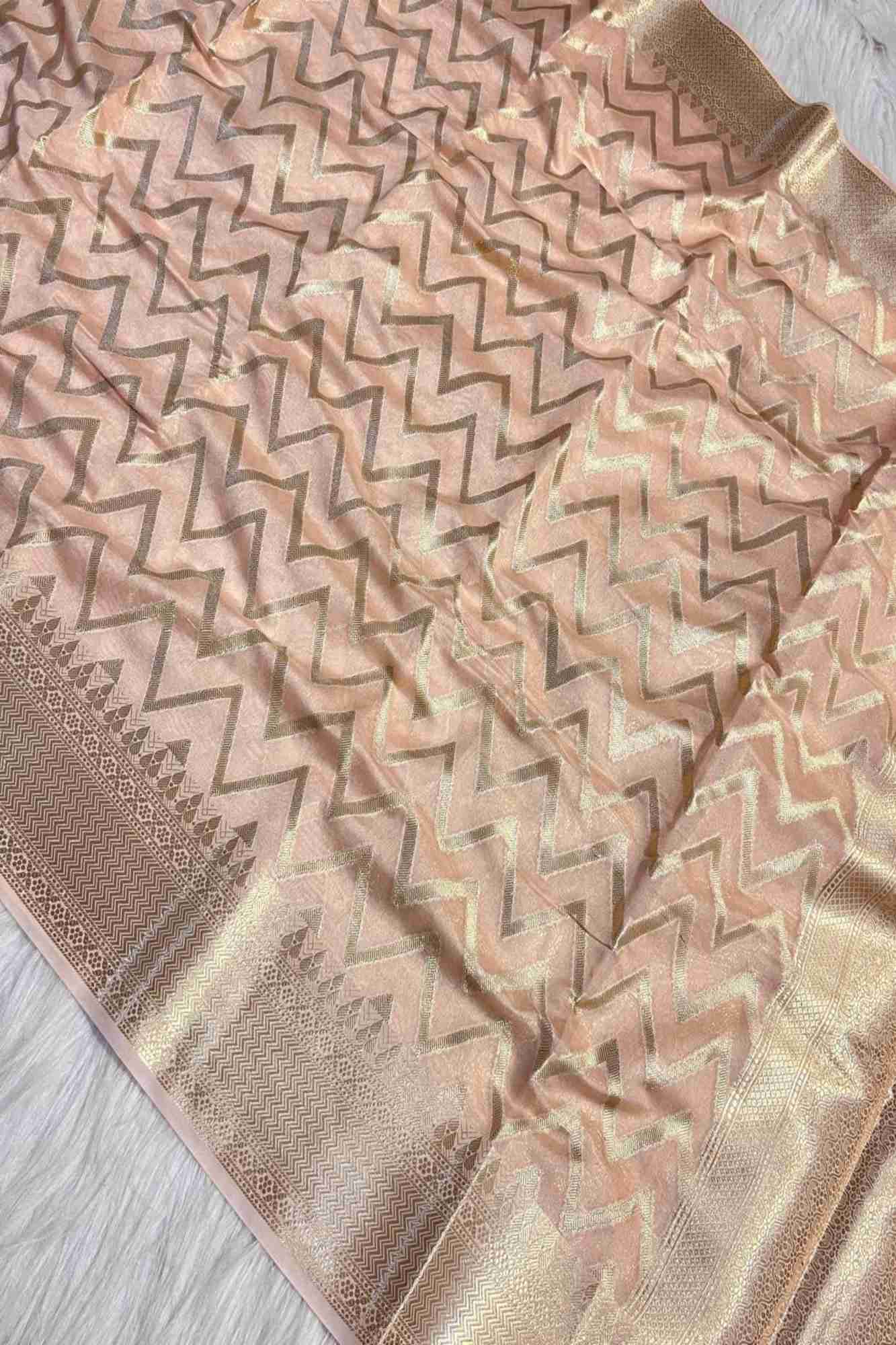 Kora Silk with Intricate Zari Chevron Weave & Traditional Border Ready To Wear Saree