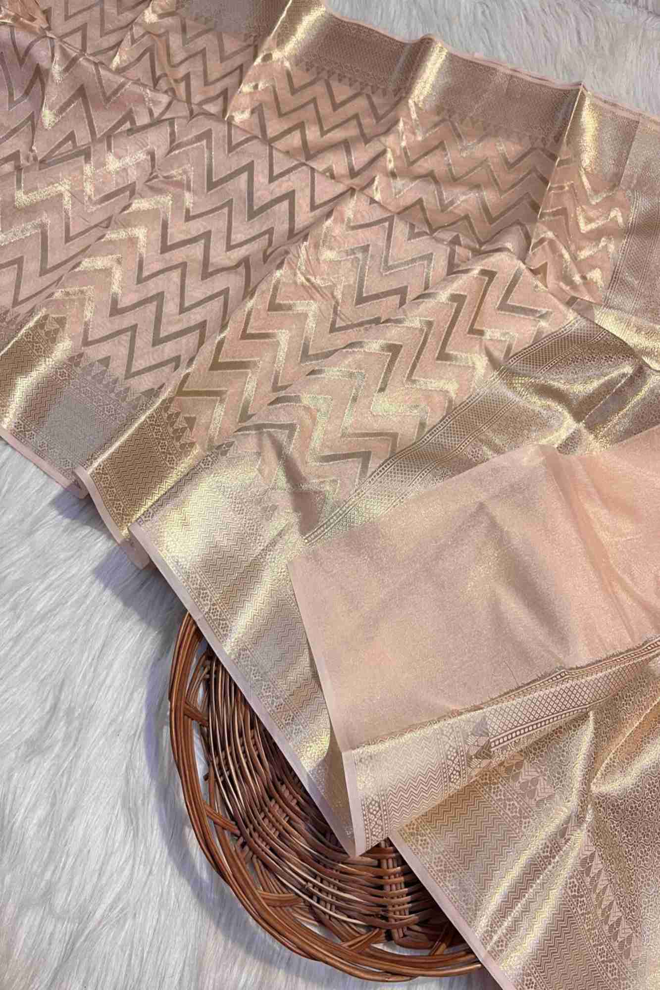 Kora Silk with Intricate Zari Chevron Weave & Traditional Border Ready To Wear Saree