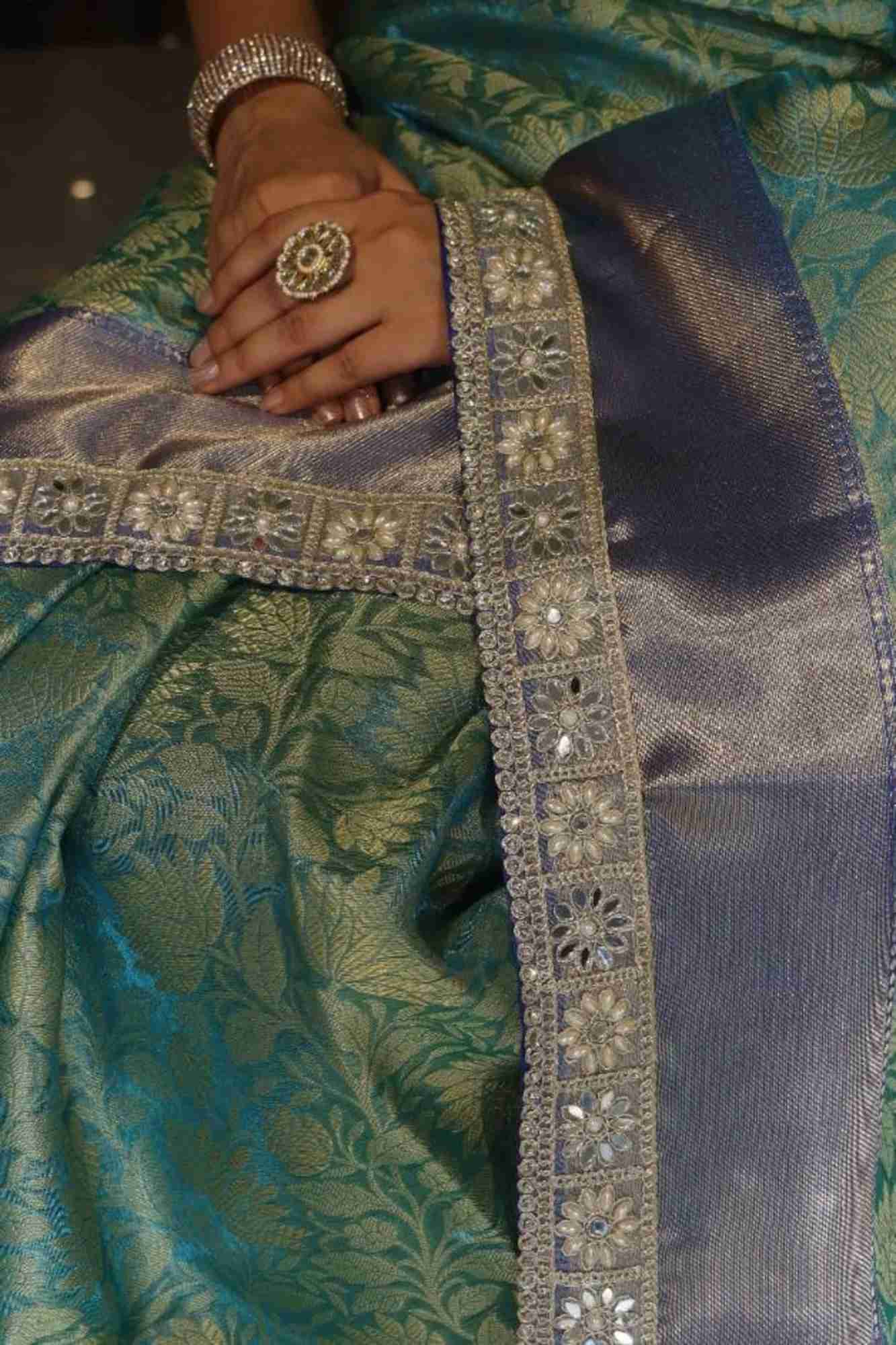 Tissue Silk with Floral Zari Rice pearls With Mirror and sequin Border Ready To Wear Saree