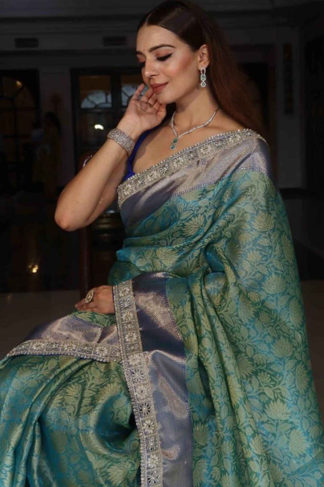 Tissue Silk with Floral Zari Rice pearls With Mirror and sequin Border Ready To Wear Saree