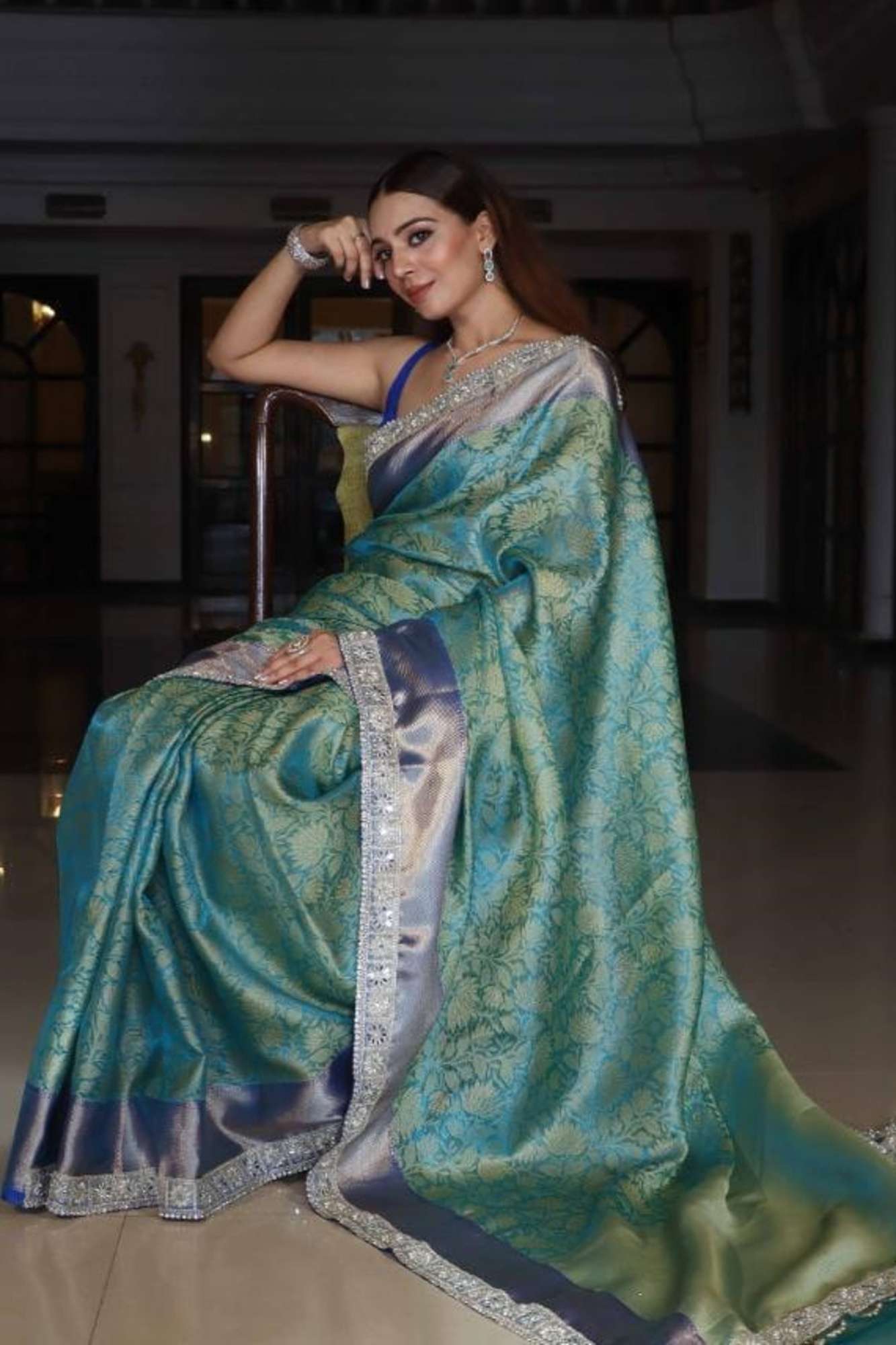 Tissue Silk with Floral Zari Rice pearls With Mirror and sequin Border Ready To Wear Saree