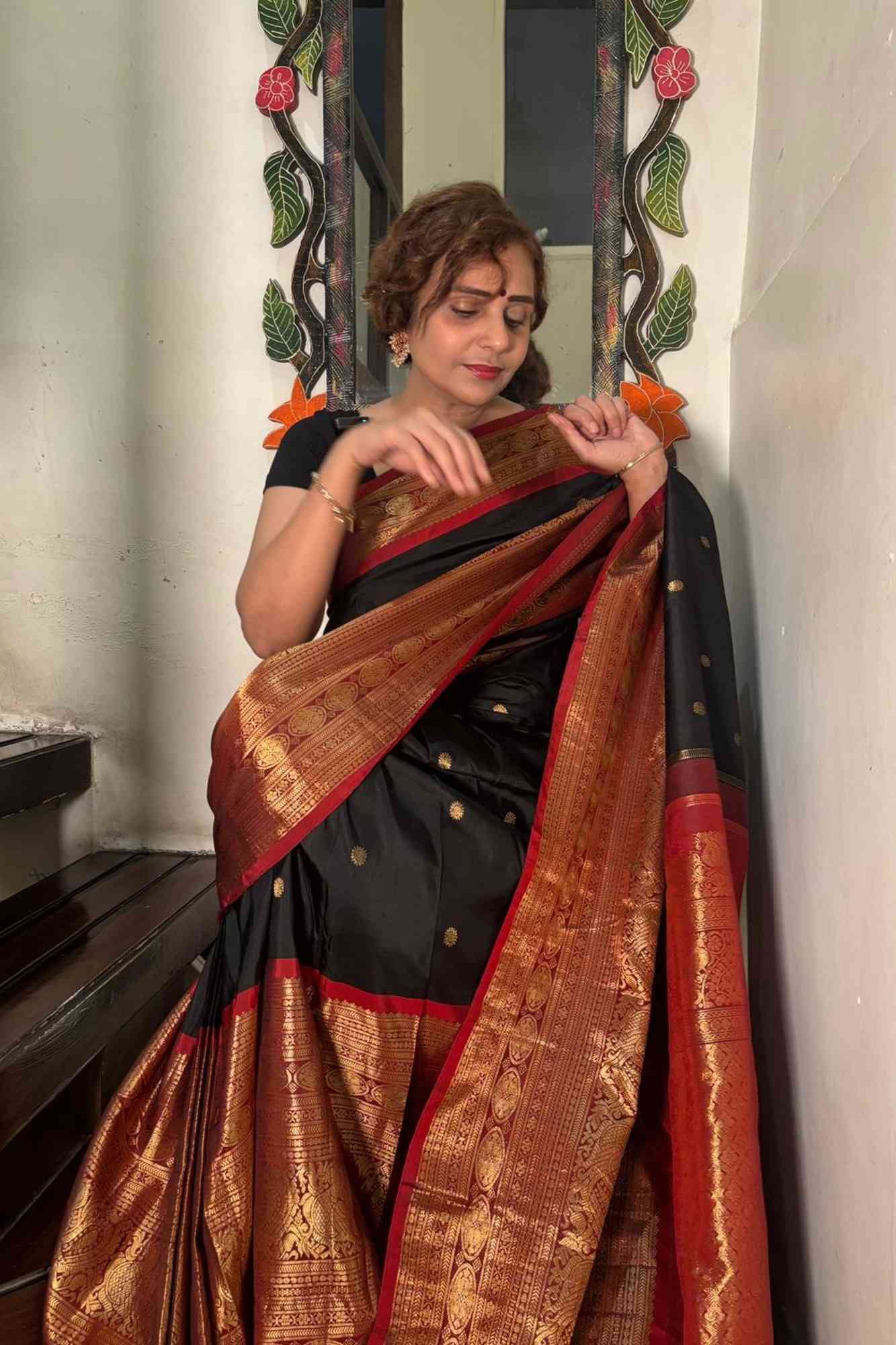 Pure Gadwal Silk Saree in Black color with extravagant 16" wide zari Border | SILK MARK CERTIFIED