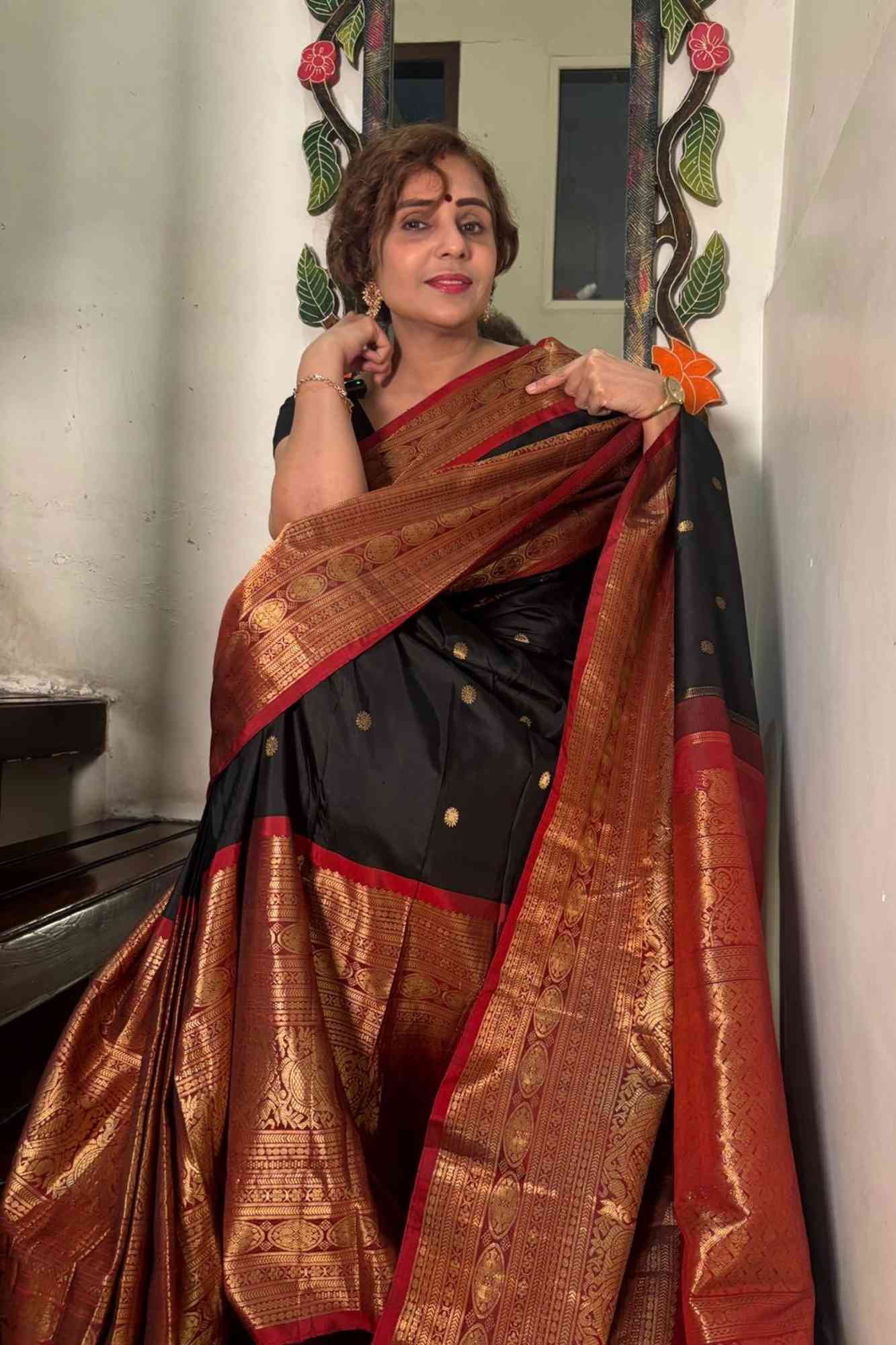 Pure Gadwal Silk Saree in Black color with extravagant 16" wide zari Border | SILK MARK CERTIFIED