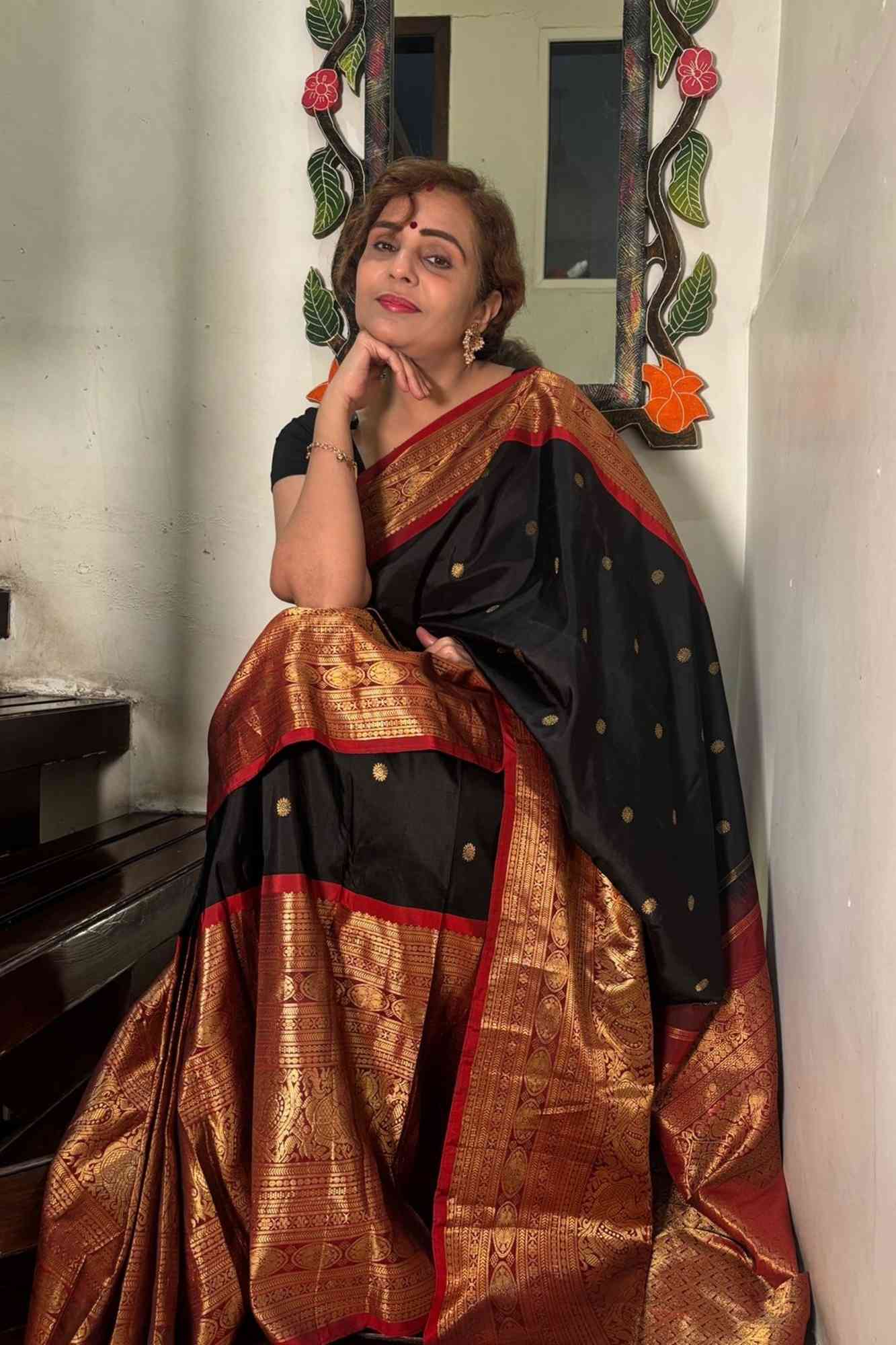 Pure Gadwal Silk Saree in Black color with extravagant 16" wide zari Border | SILK MARK CERTIFIED