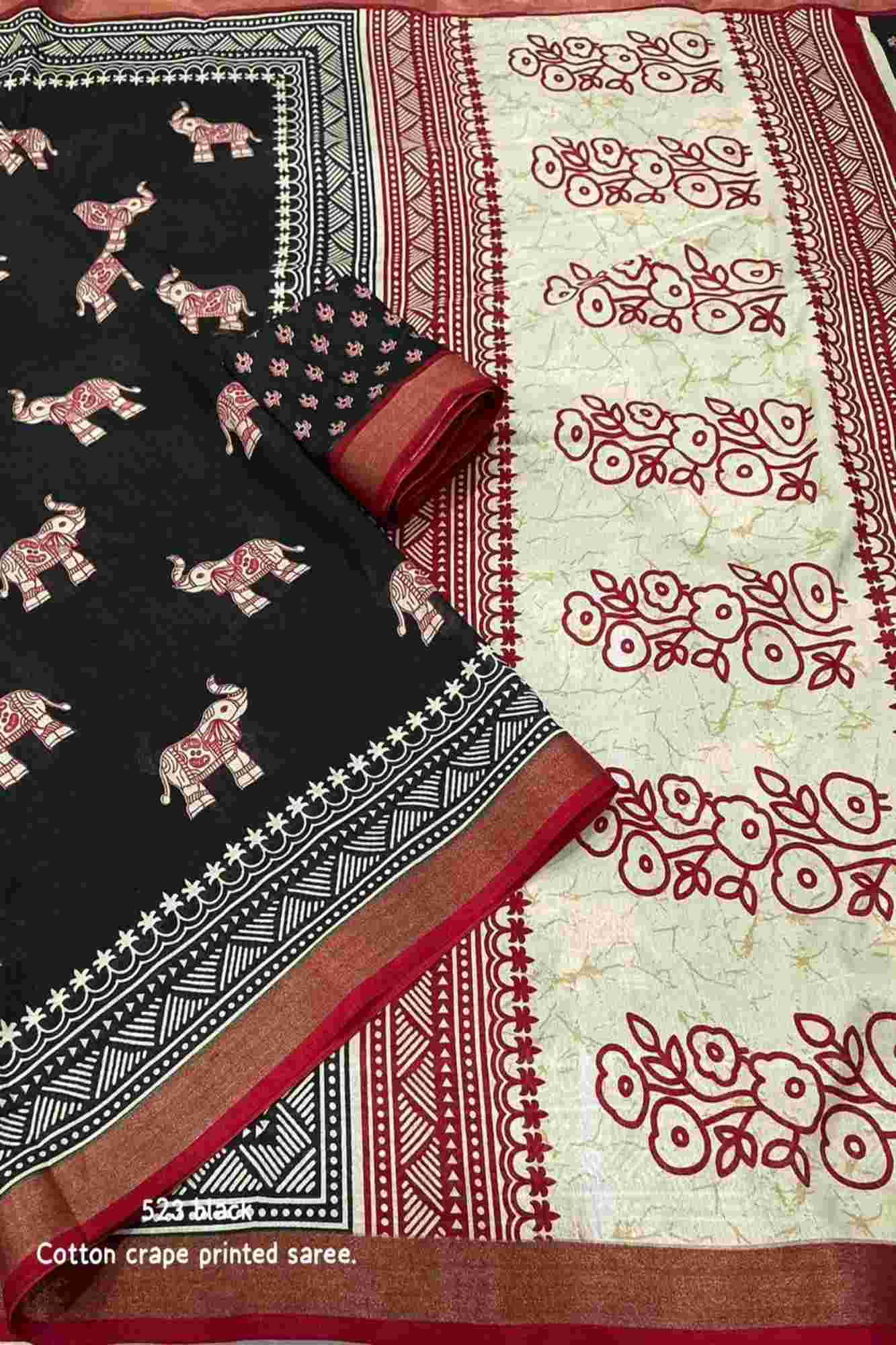 Crepe Cotton with Elephant Print and Traditional Border Ready To Wear Saree