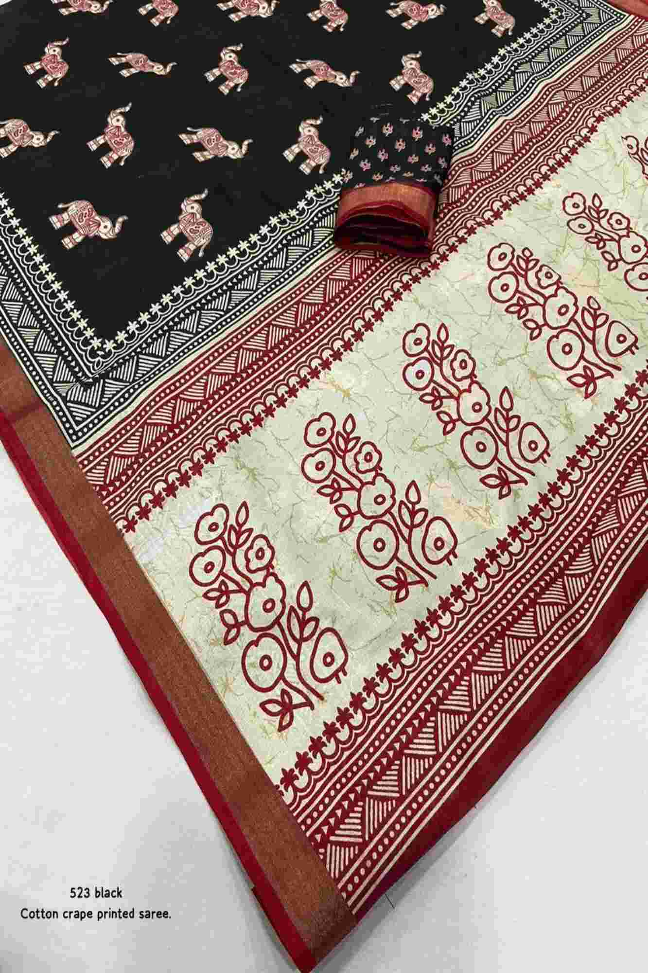 Crepe Cotton with Elephant Print and Traditional Border Ready To Wear Saree