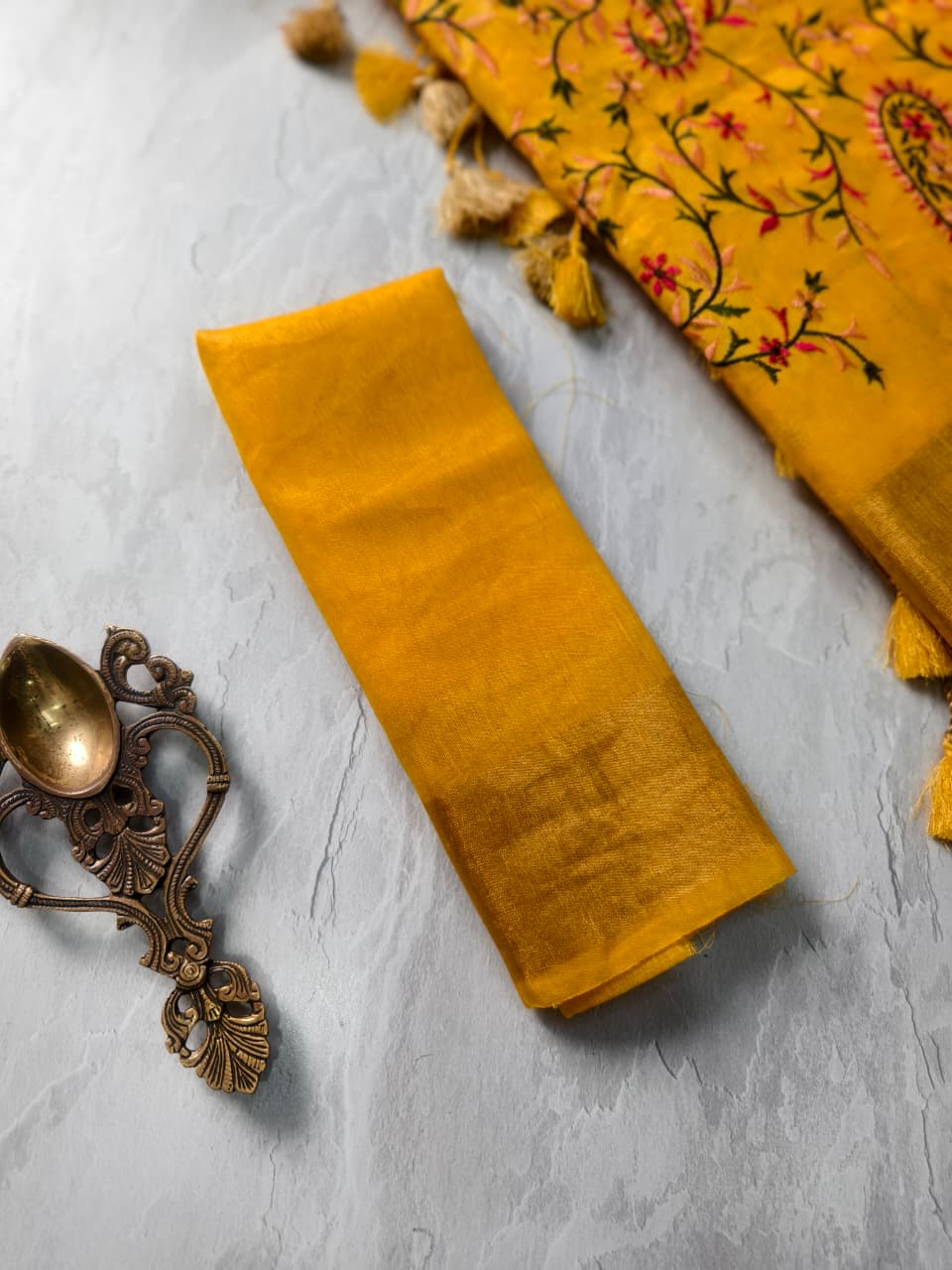 Silk Linen Saree in Yellow with Floral Half Jaal Embroidery | Shobitam