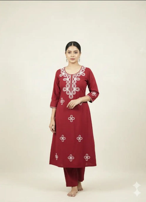 Maroon Cotton Applique Neck Kurti Set | Made to Order | SHOBITAM