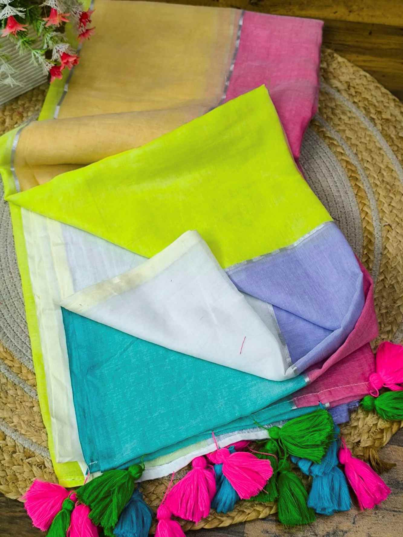 Pastel Mul Cotton with Multicolor Tassel Border Ready To Wear Saree