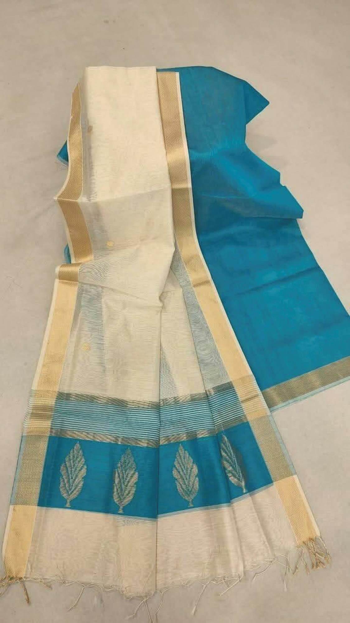 Silk-Cotton with Golden Leaf Motifs and Zari Border Ready To Wear Saree