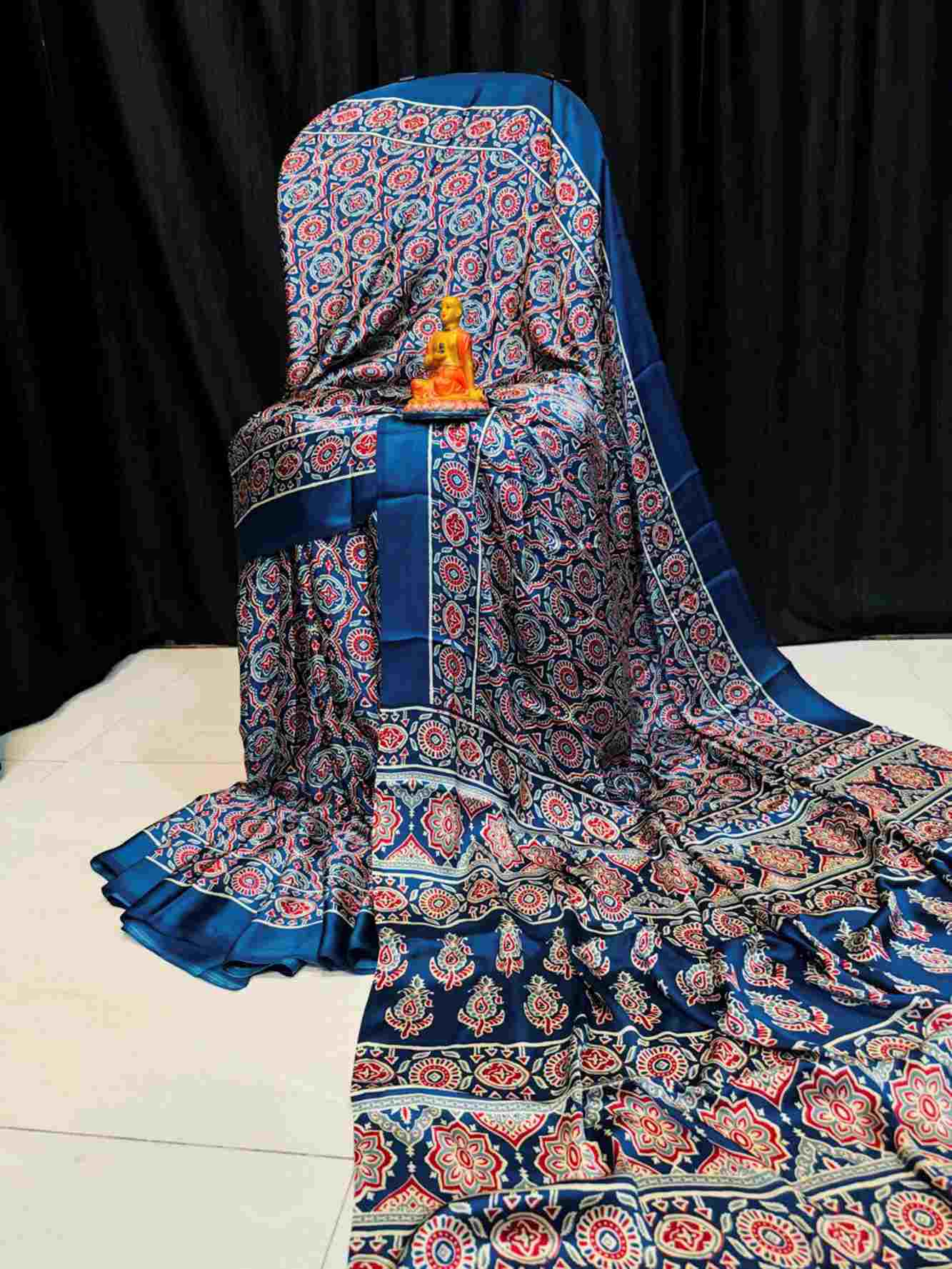 Ajrakh Hand-Block simulate Printed Modal Crepe silkReady To Wear Saree