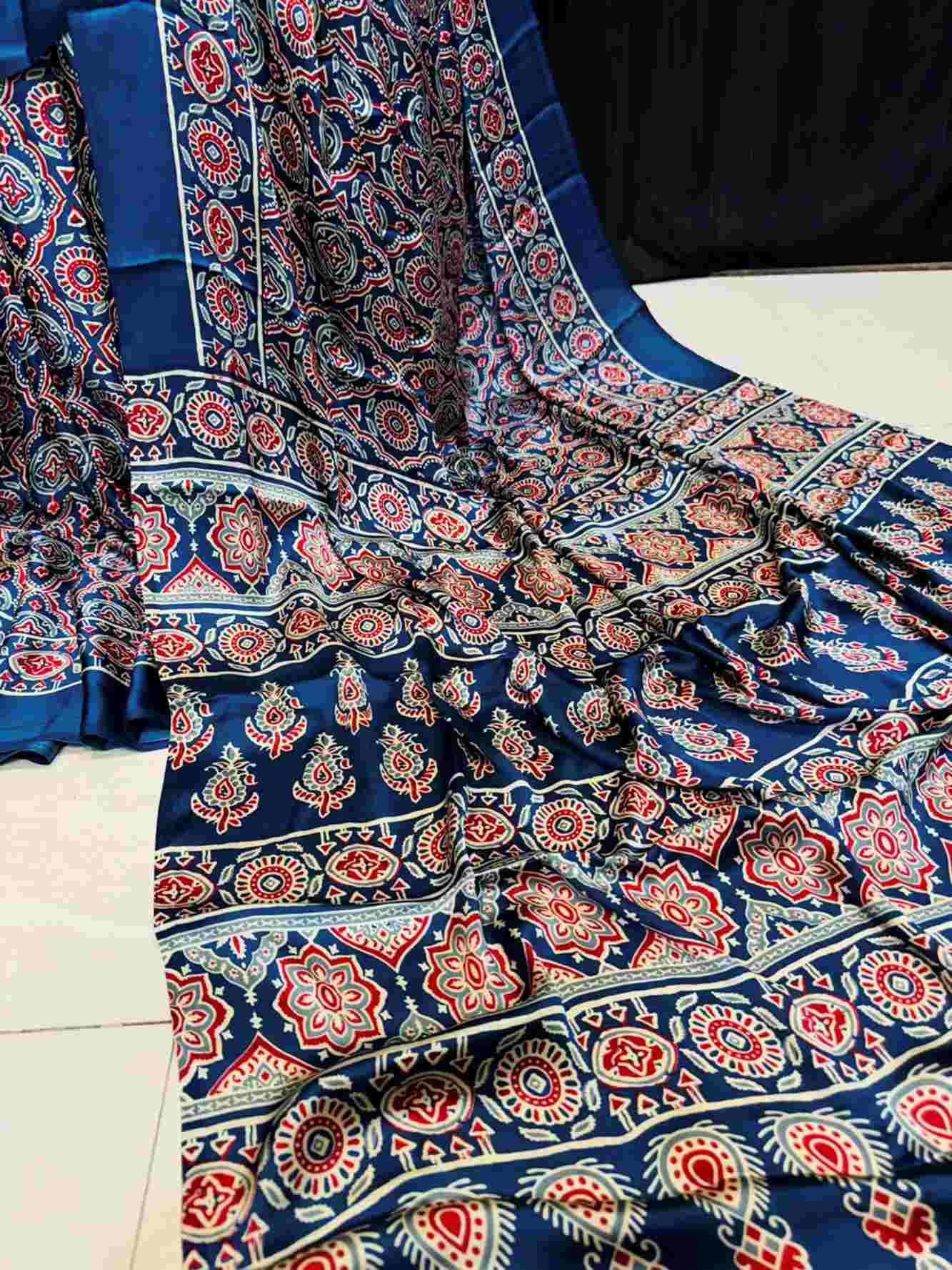 Ajrakh Hand-Block simulate Printed Modal Crepe silkReady To Wear Saree