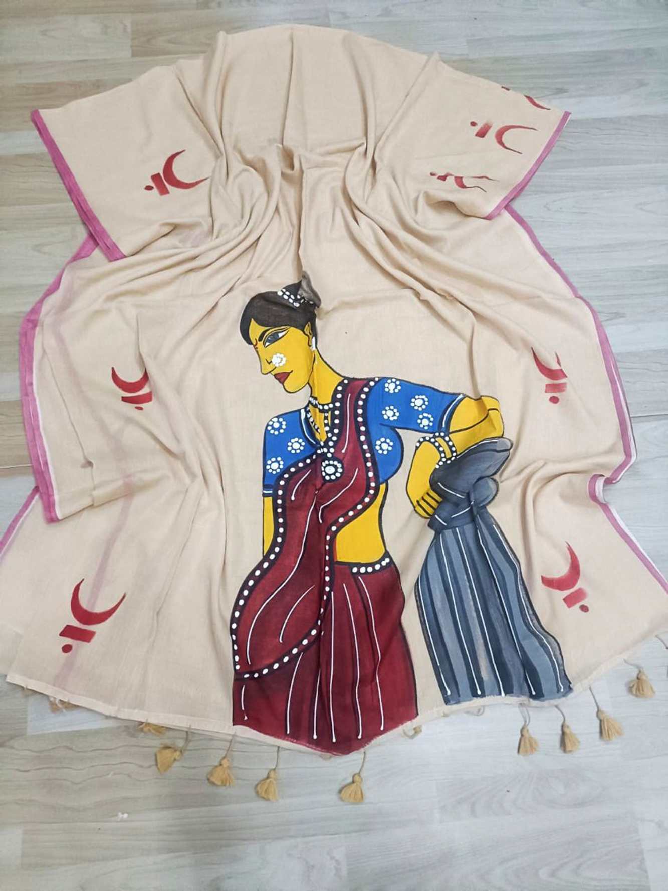 Hand-Painted Mulmul Cotton with Traditional Art Design Ready To Wear Saree