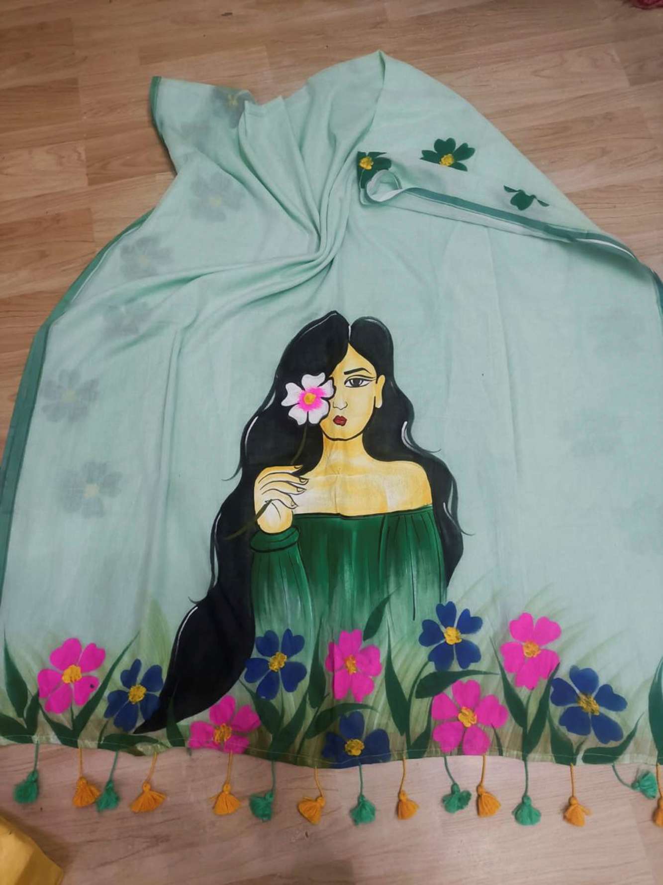 Hand-Painted Woman & Floral Mulmul Cotton Ready To Wear Saree