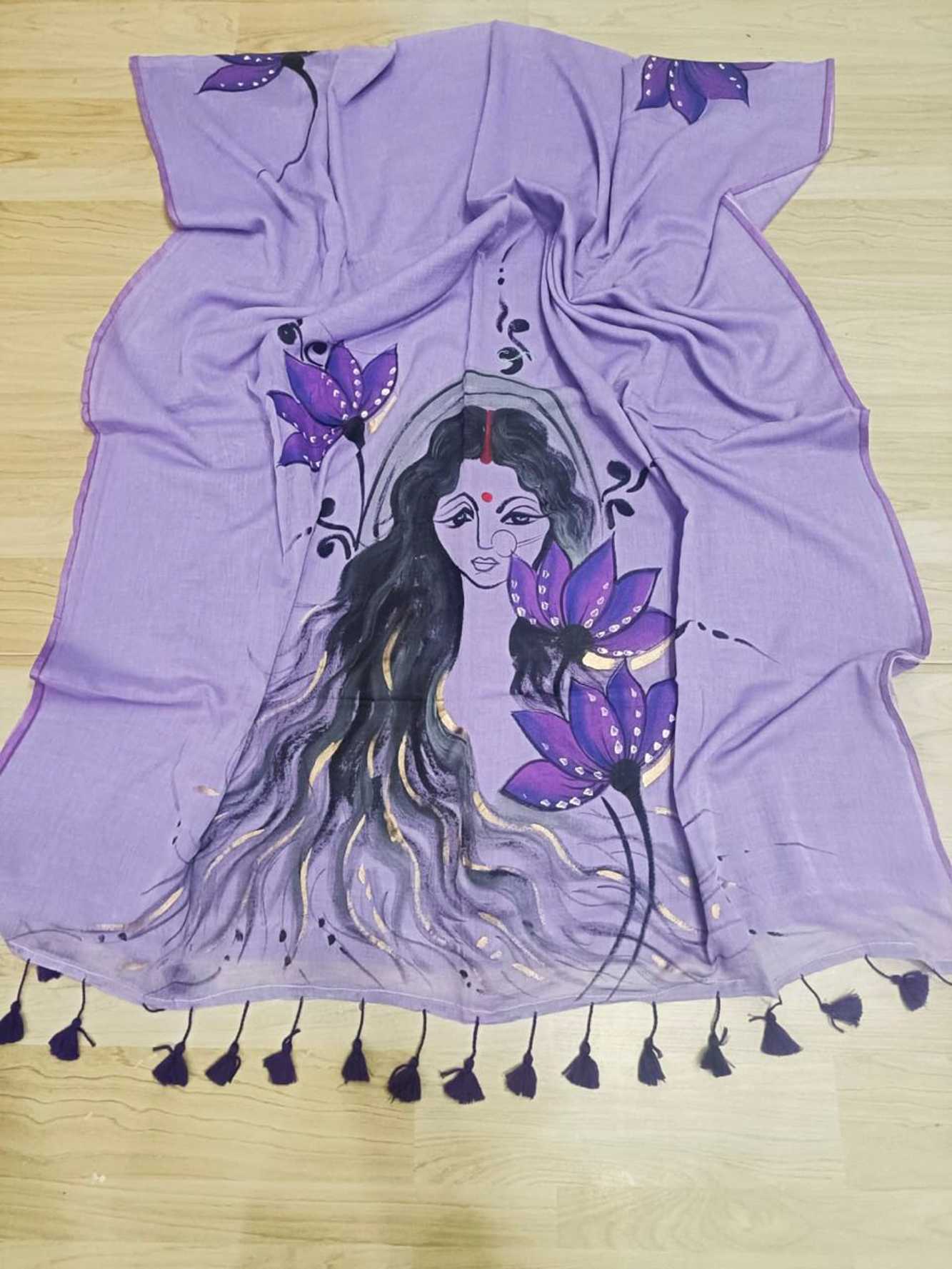 Hand-Painted women in her regal form Motif with Lotus Accents Ready To Wear Saree