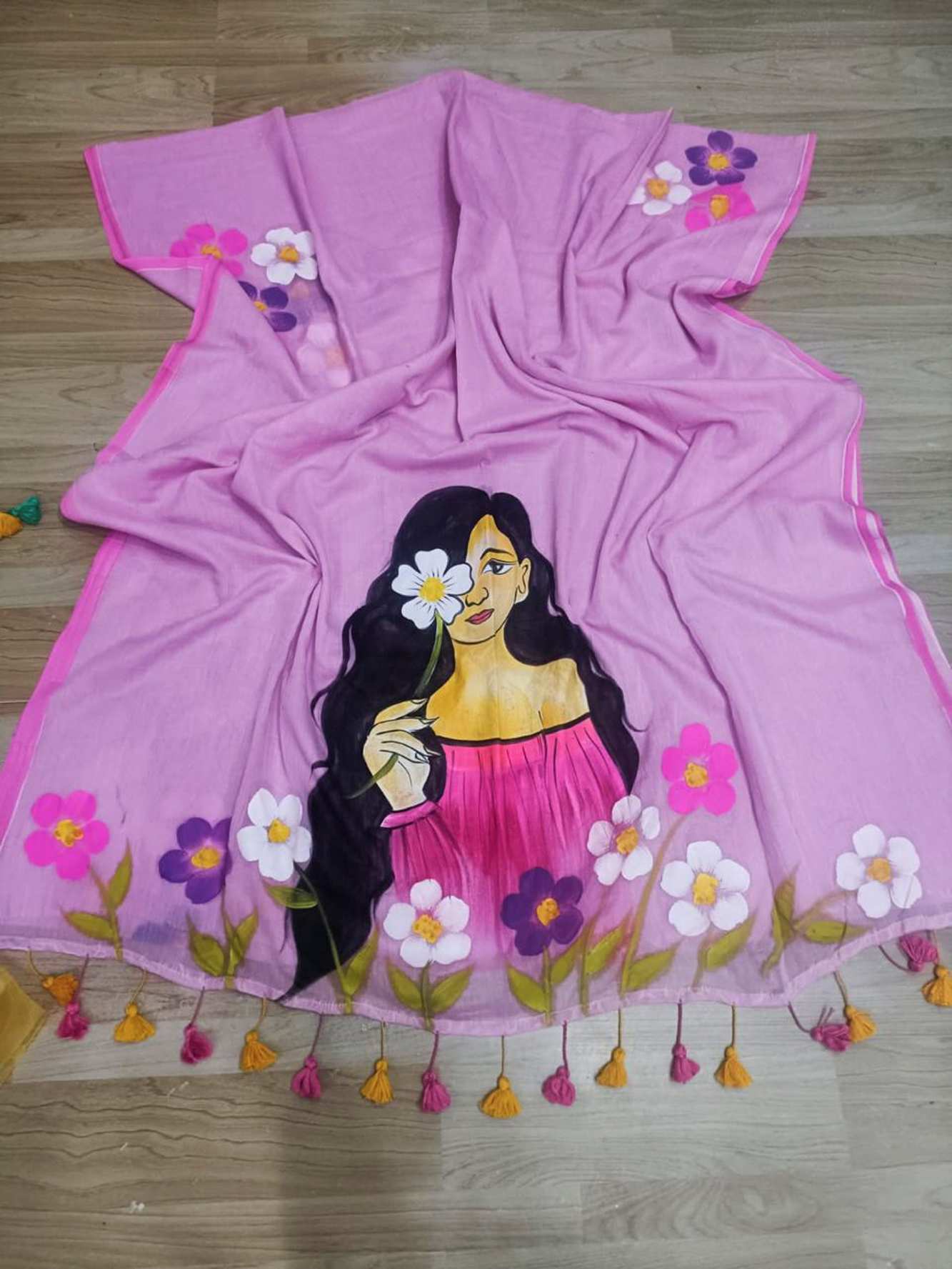 Hand-Painted Mulmul Cotton with Floral paint and Tassels Border Ready To Wear Saree