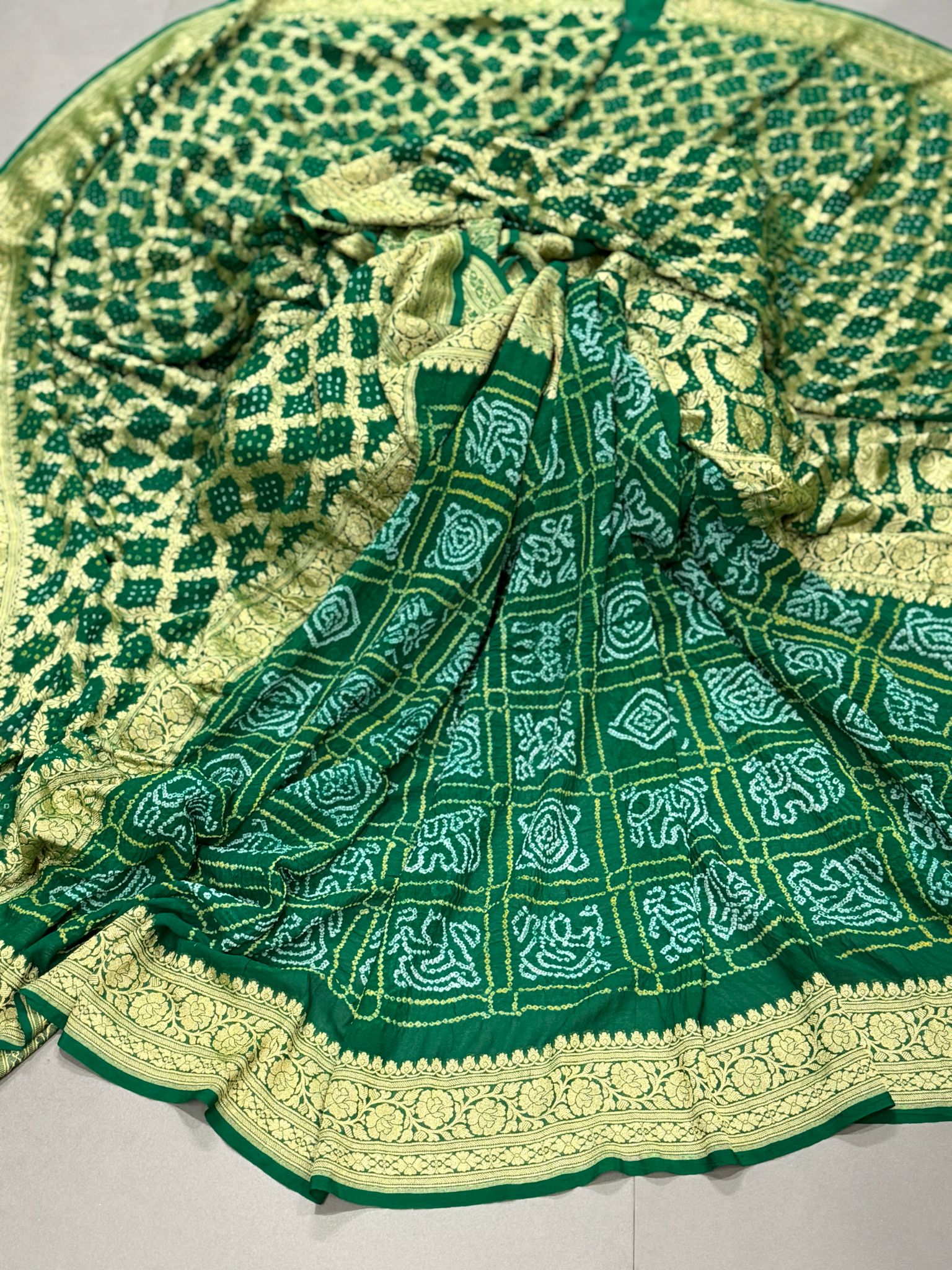 Green Sarkam Bandhej on Pure Banarasi Silk Georgette Saree with Half Gharchola and Half Jaal Design | SILK MARK CERTIFIED | Shobitam