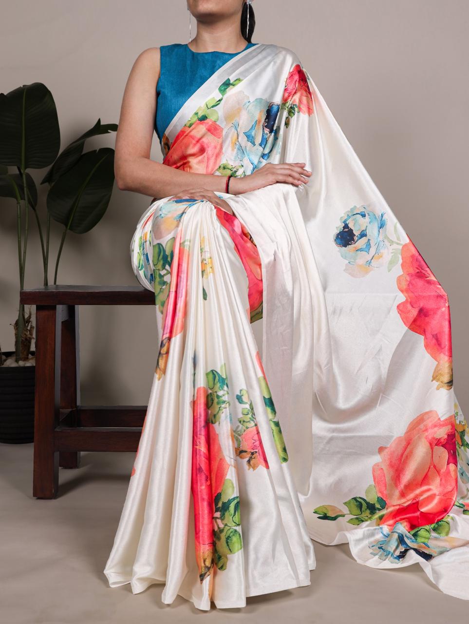 Colurfull Floral Printed Soft Satin With Moti Lace Ready To Wear Saree