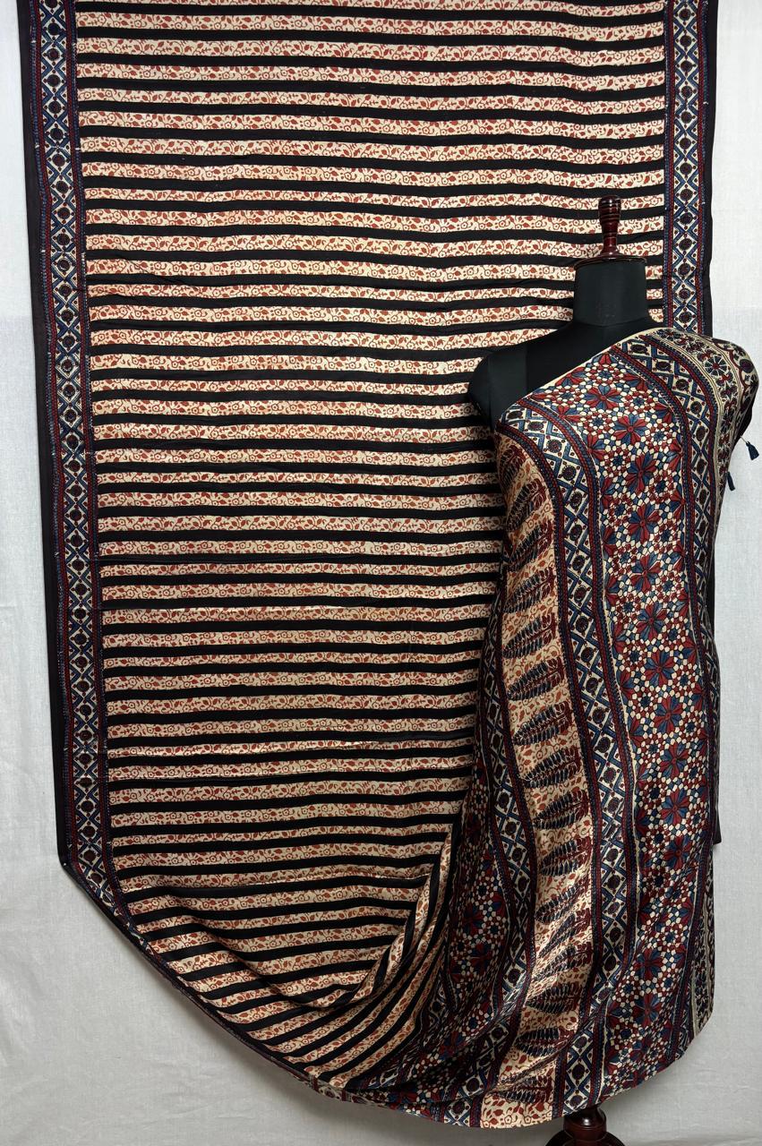 Black-Red-Beige Ajrakh Hand Block Print on Modal Silk Saree with Border | Shobitam