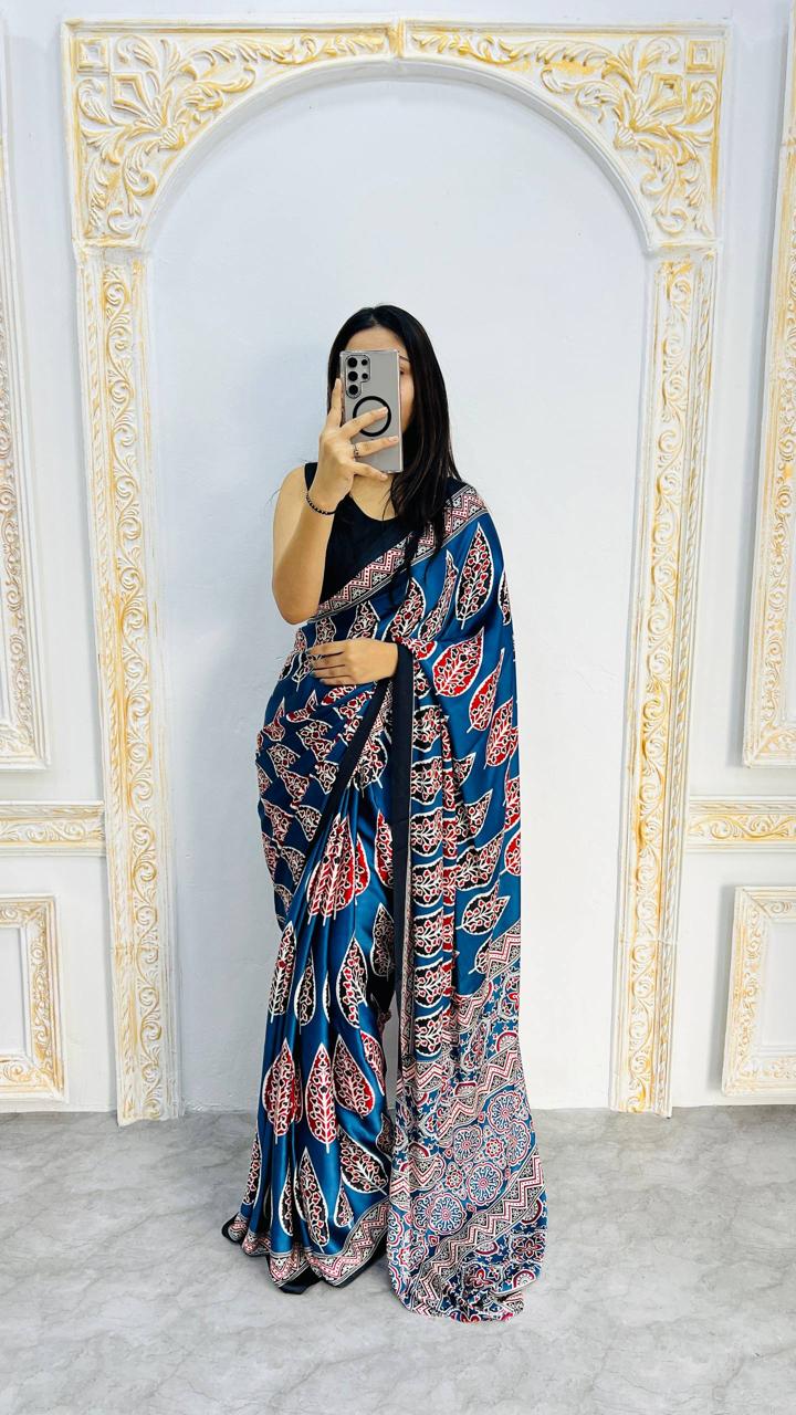 Wrap in one minute saree Ajrak Mill Printed Japan Satin Silk