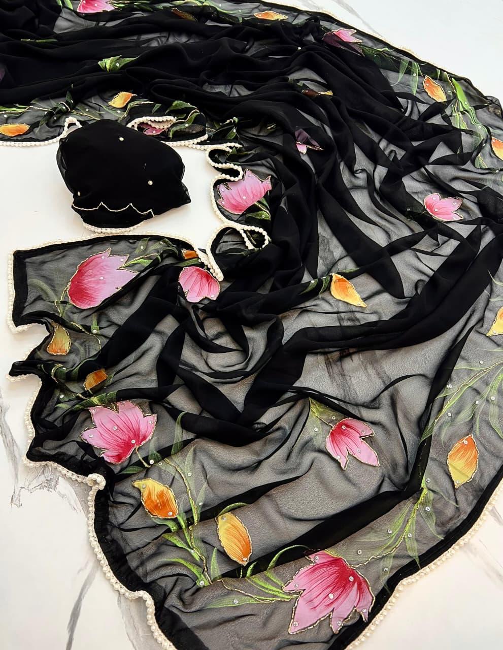 Soft pure Georgette Handwork Floral work Wrap in one minute saree