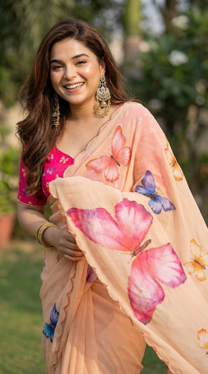 Peach Butterfly Printed Georgette Ready To Wear Saree
