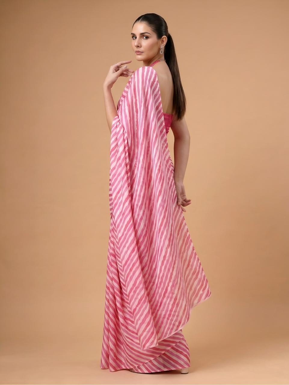 Pink Striped Satin Silk Ready-to-Wear Saree