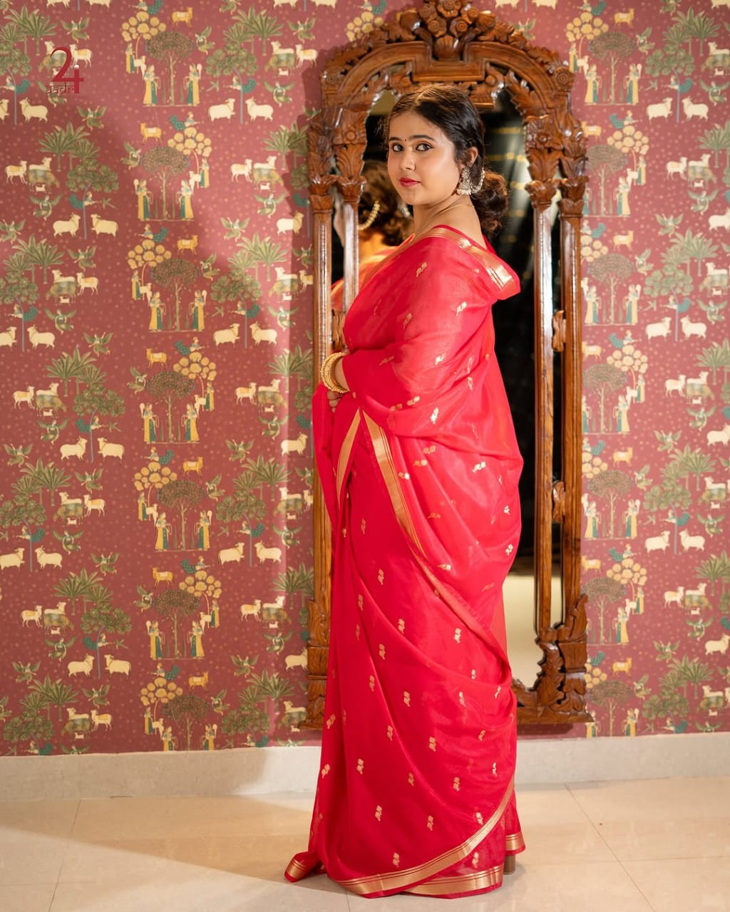 Elegant Red Traditional Zari Border Ready To Wear Saree